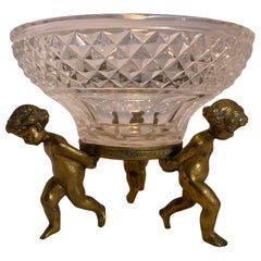 Vintage French Bronze Cherubs Cut Crystal Candy/Nut Dish Bowl