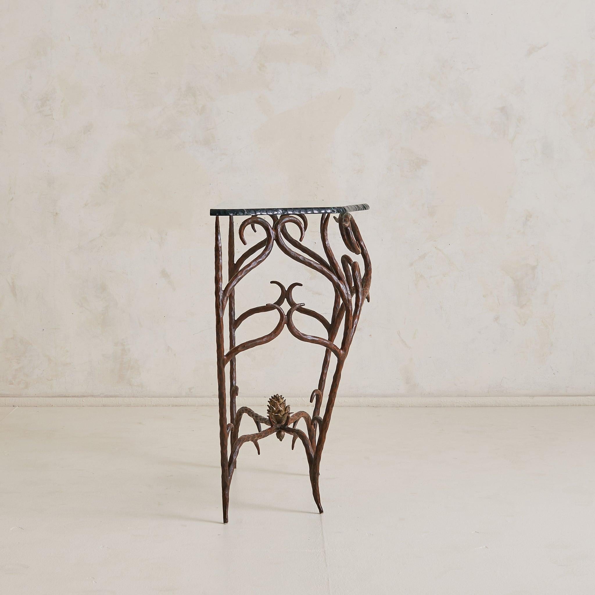 Moderne French Bronze + Chiseled Glass Console Table with Pinecone Detail, 1970s en vente