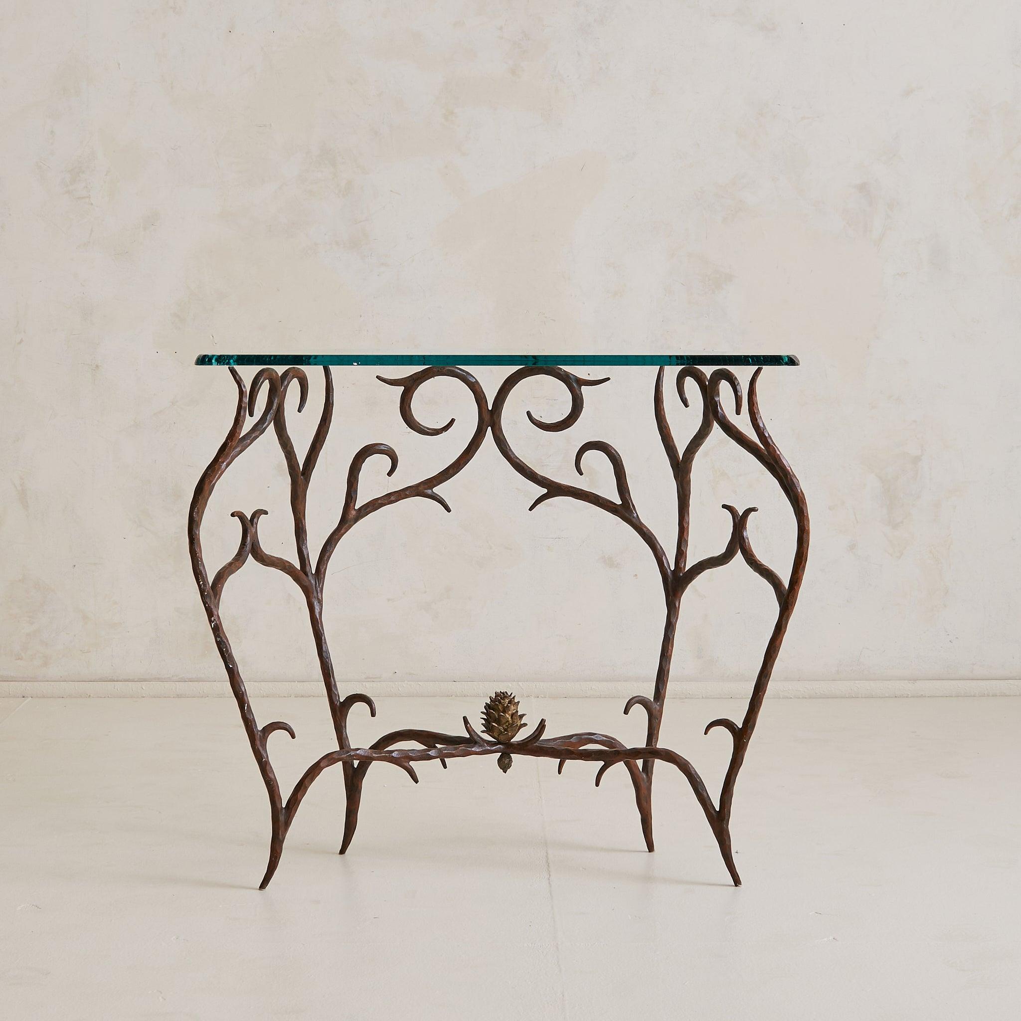 Français French Bronze + Chiseled Glass Console Table with Pinecone Detail, 1970s en vente