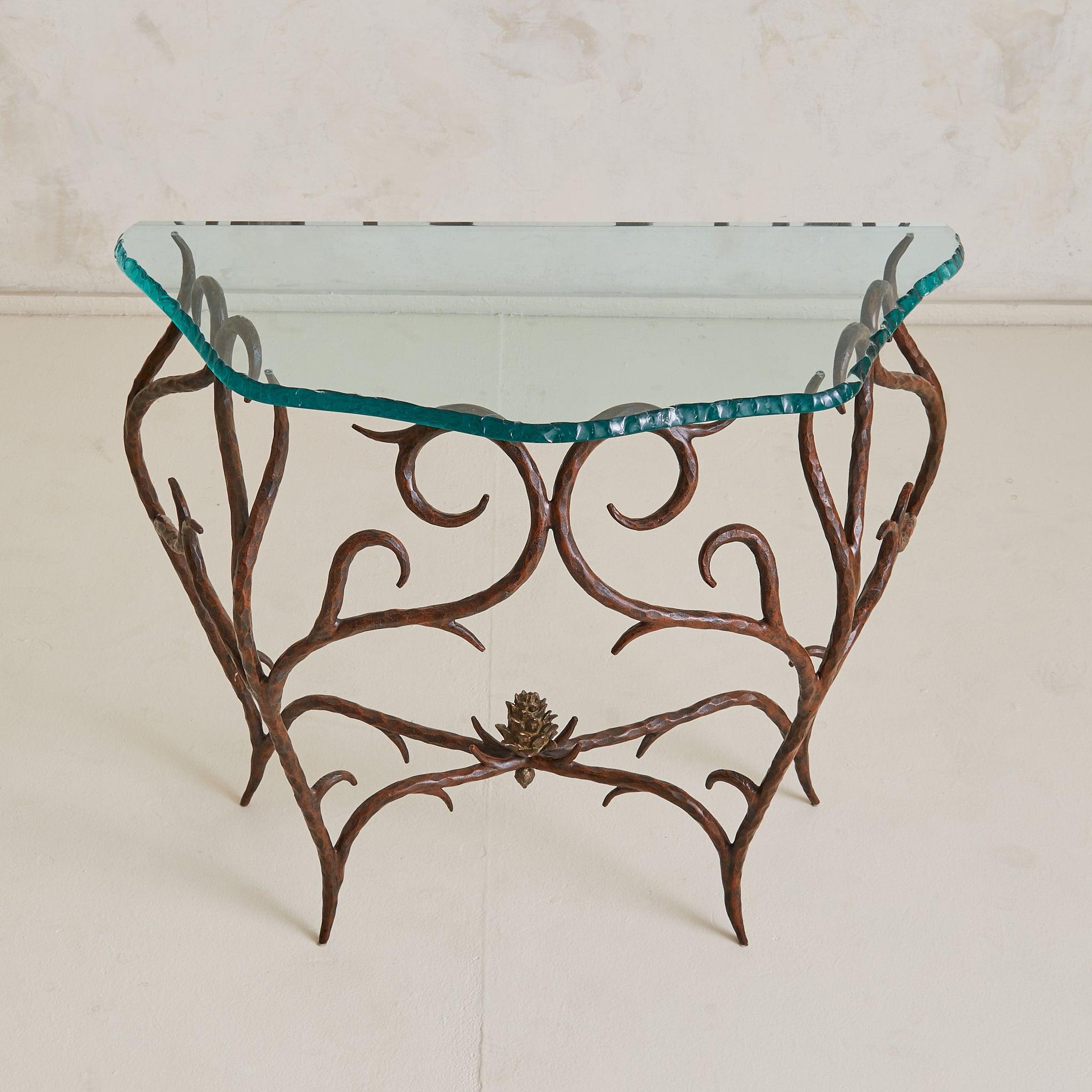 French Bronze + Chiseled Glass Console Table with Pinecone Detail, 1970s Bon état - En vente à Chicago, IL