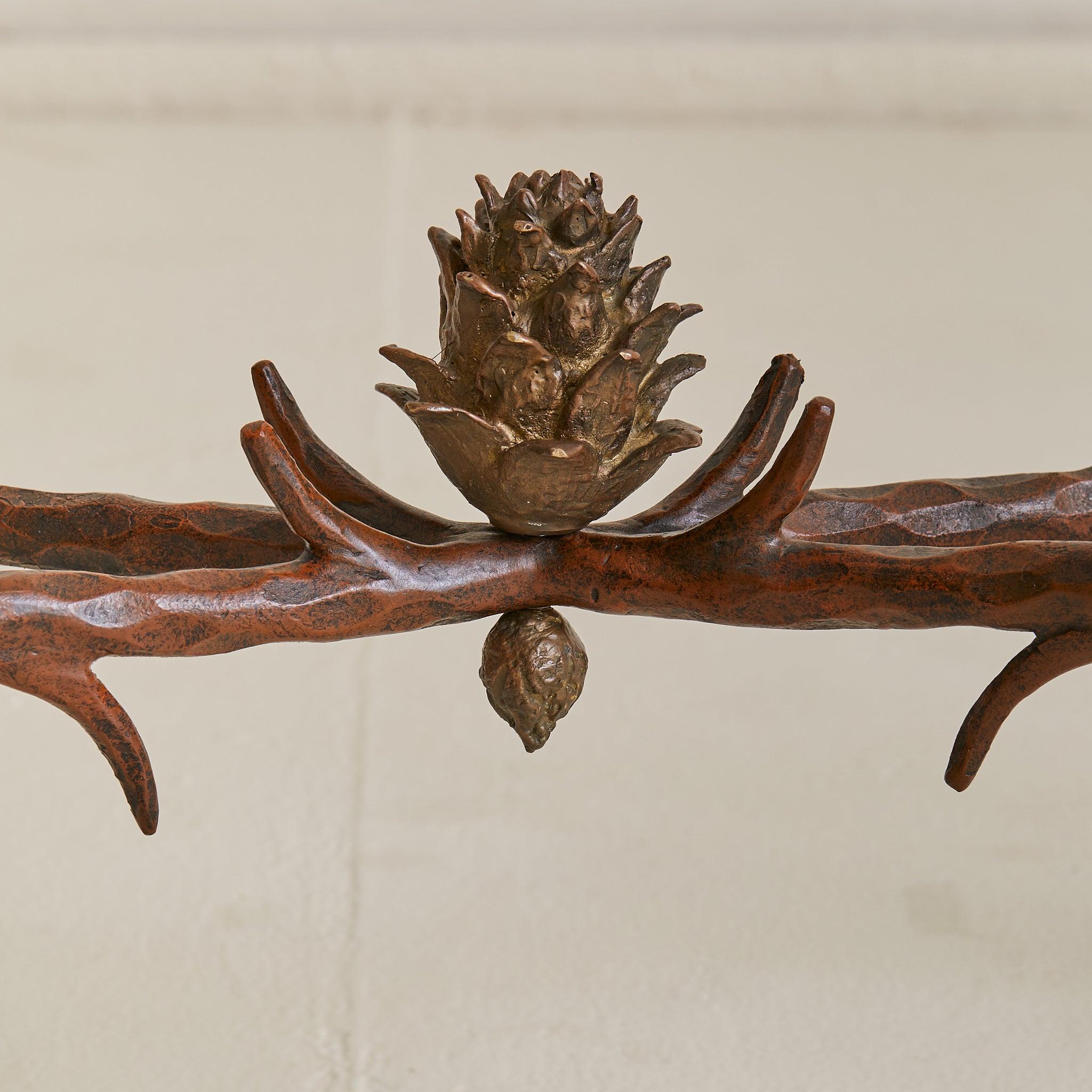 French Bronze + Chiseled Glass Console Table with Pinecone Detail, 1970s en vente 1