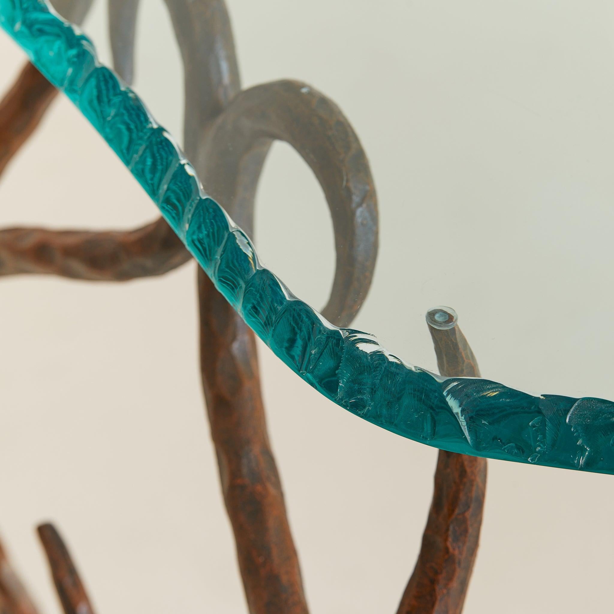 French Bronze + Chiseled Glass Console Table with Pinecone Detail, 1970s en vente 2