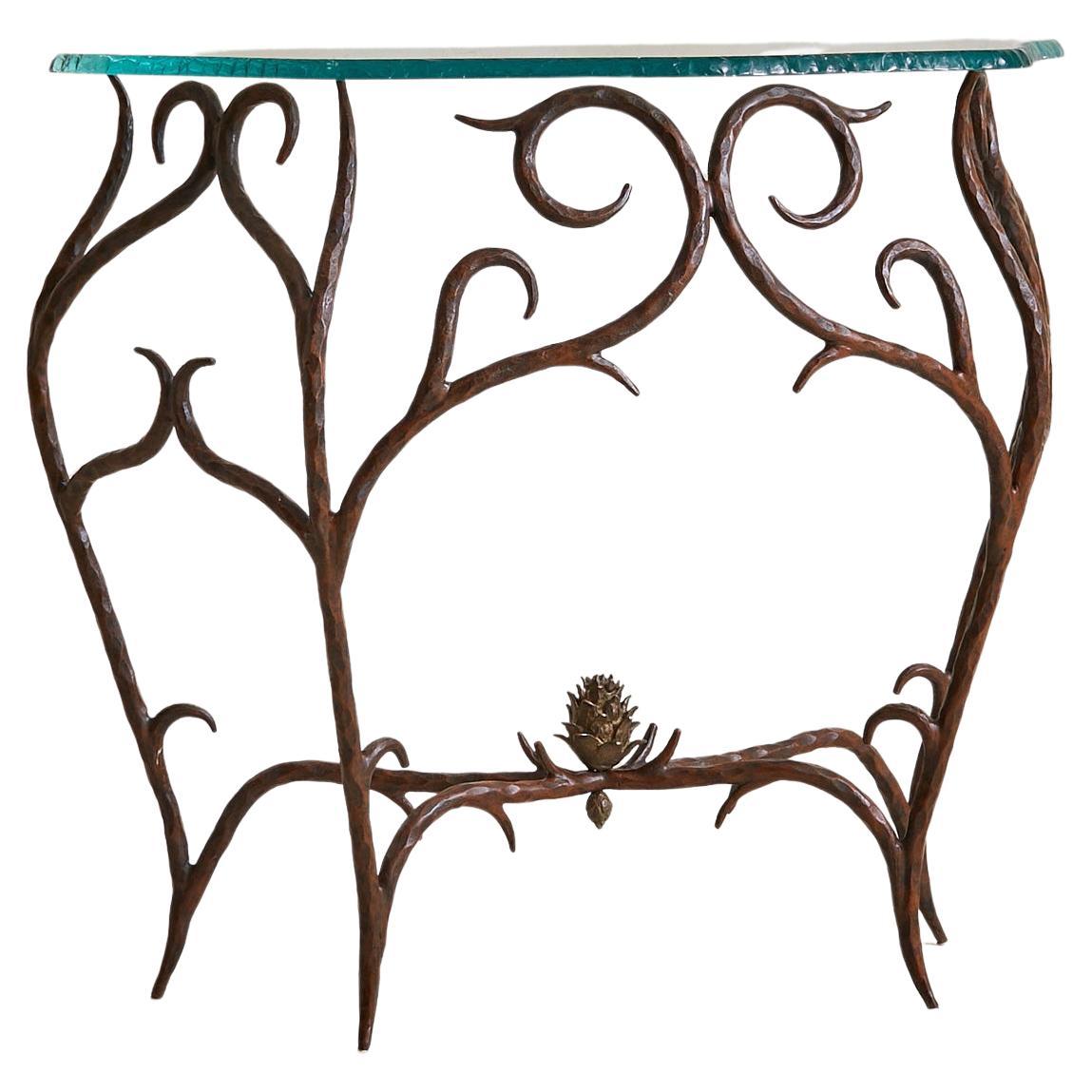 French Bronze + Chiseled Glass Console Table with Pinecone Detail, 1970s