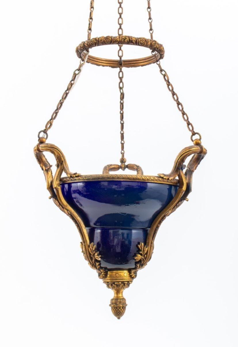 Belle Époque French Bronze & Cobalt Porcelain Hanging Light For Sale