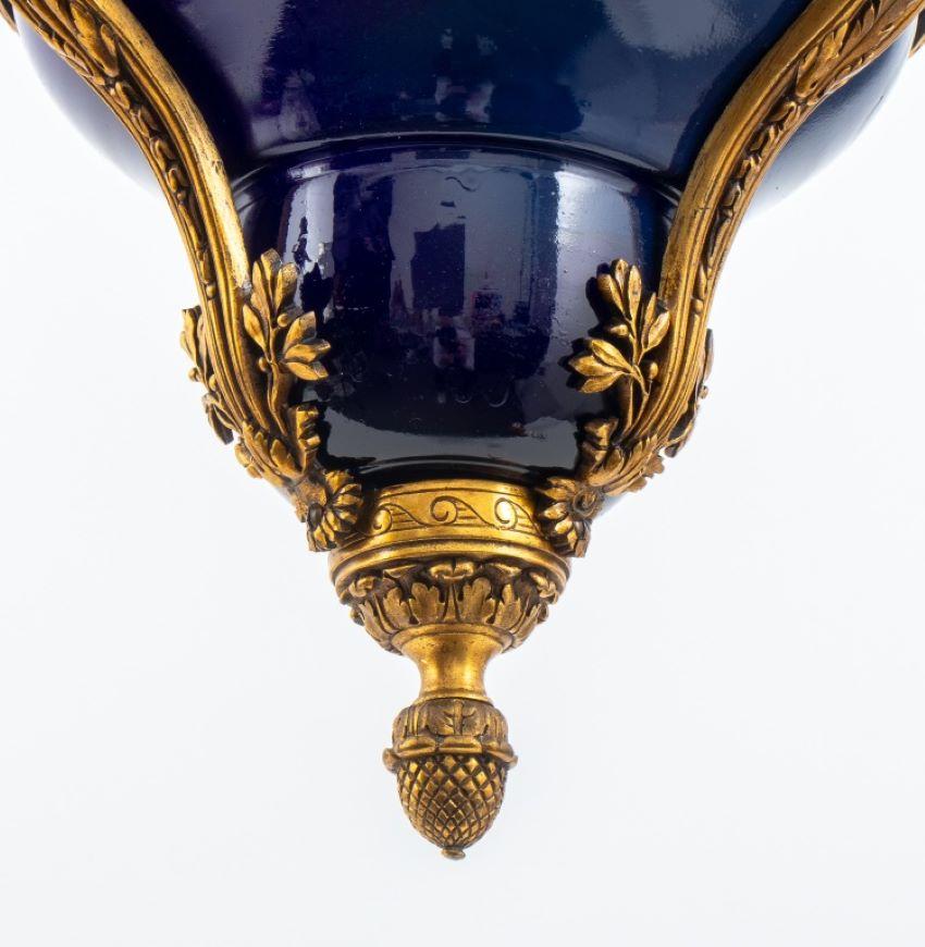 French Bronze & Cobalt Porcelain Hanging Light In Good Condition For Sale In New York, NY