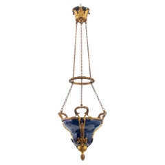 Lampe suspendue française en bronze et porcelaine cobalt