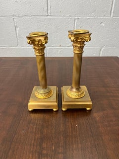 French Bronze Corinthian Column Candlesticks Neoclassical, Pair