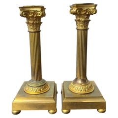 French Bronze Corinthian Column Candlesticks Neoclassical, Pair