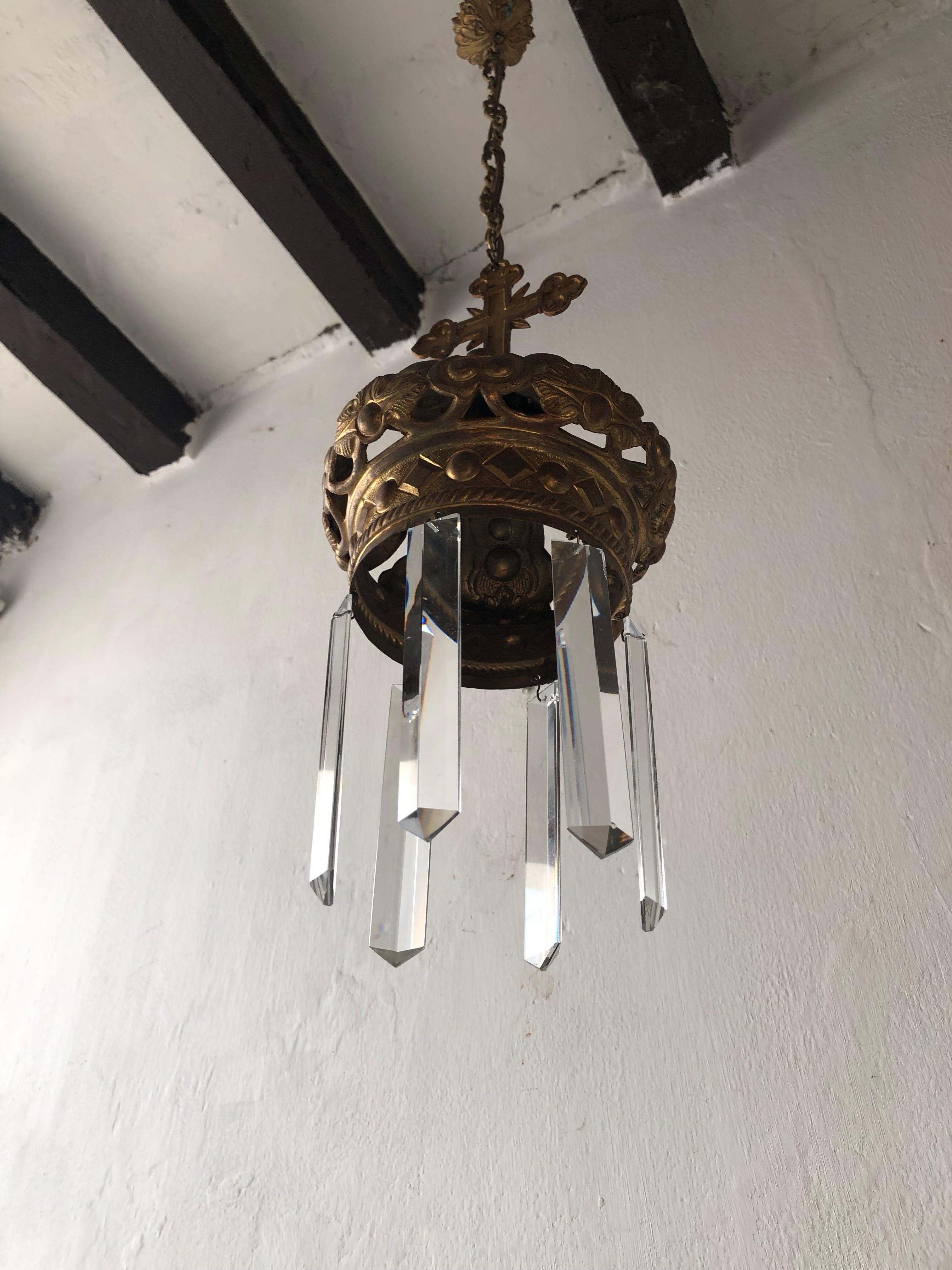 French Bronze Cross and Crown Crystal Chandelier, circa 1900 6