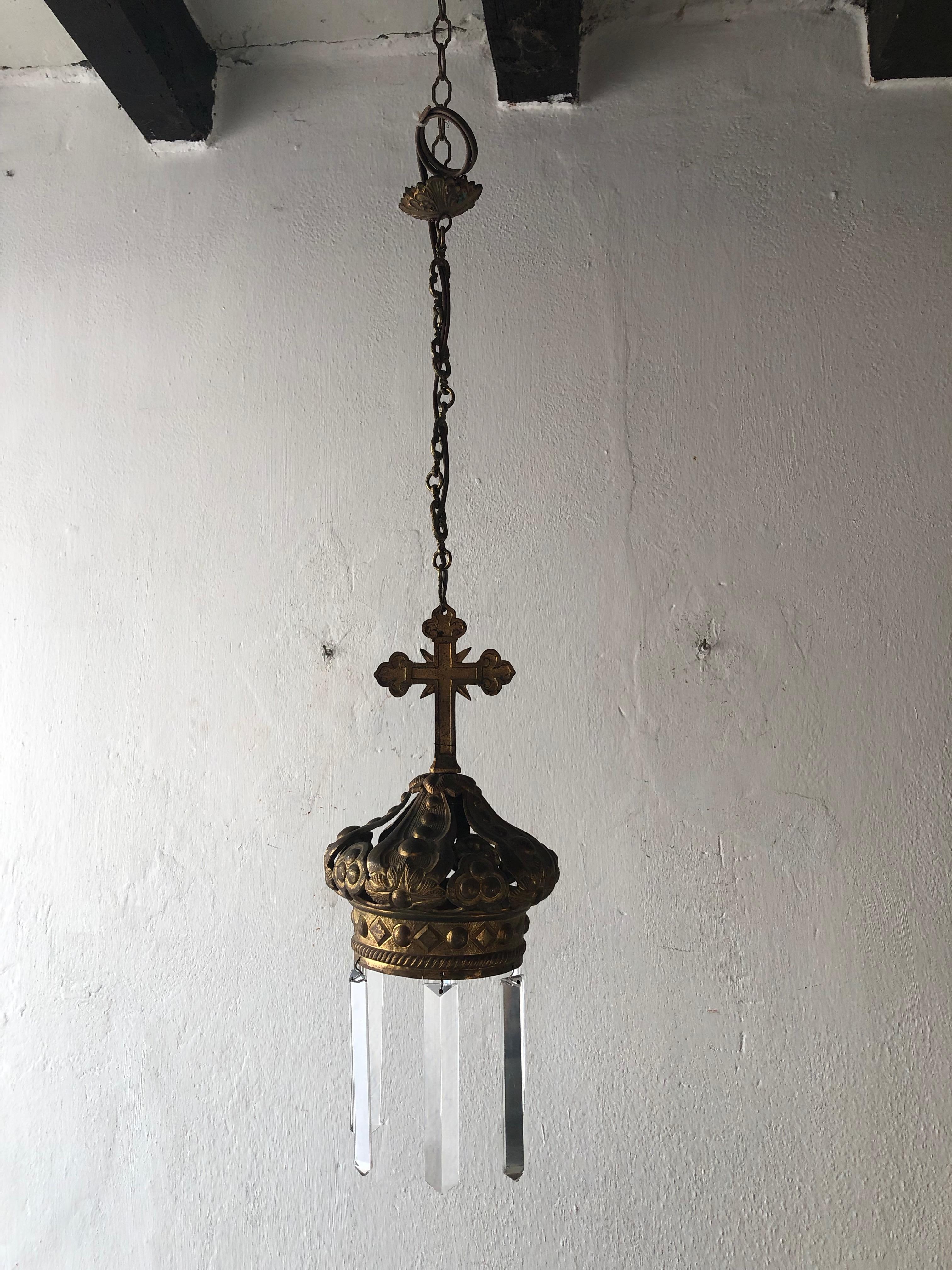 French Bronze Cross and Crown Crystal Chandelier, circa 1900 7