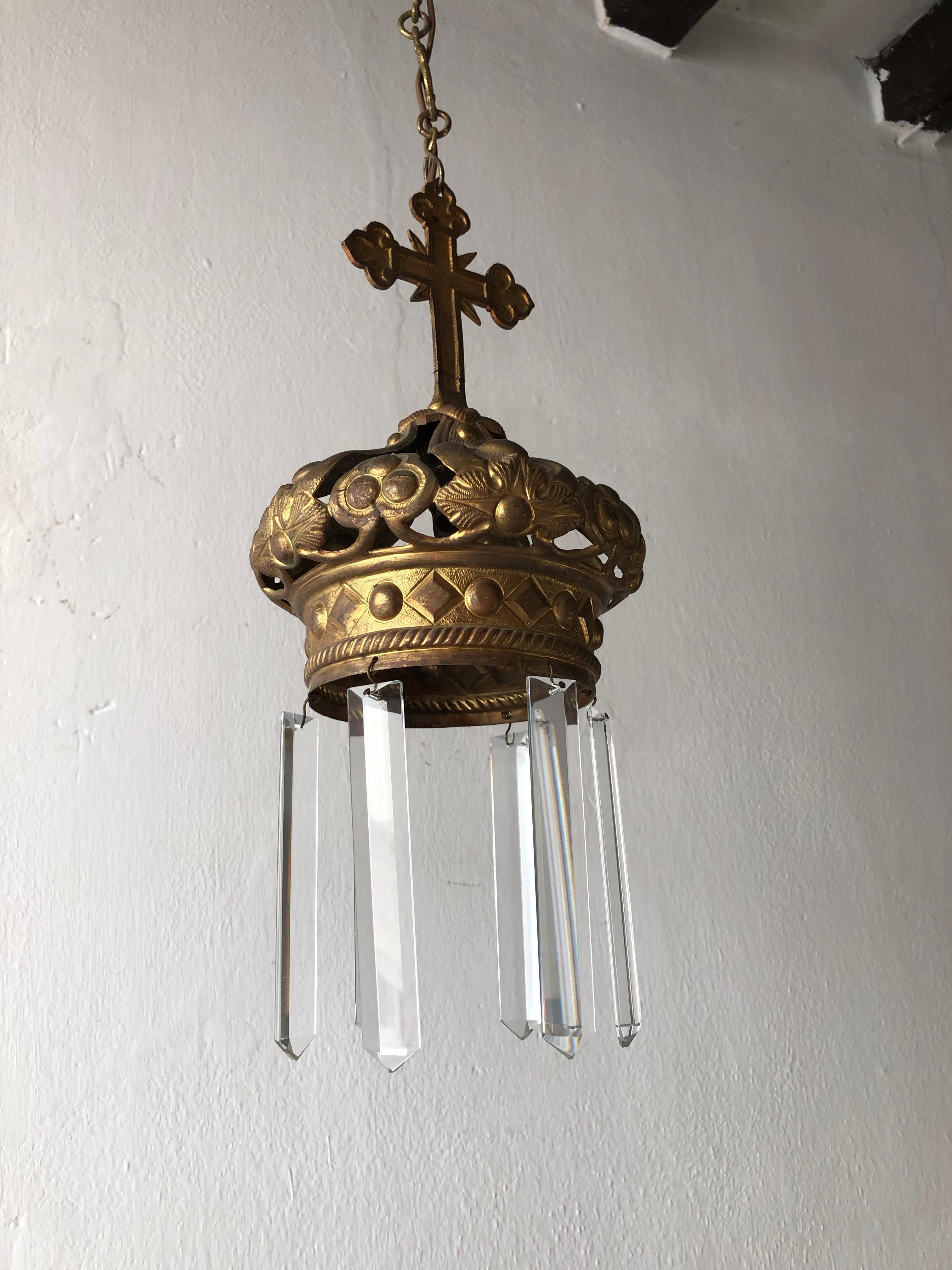 Embossed French Bronze Cross and Crown Crystal Chandelier, circa 1900