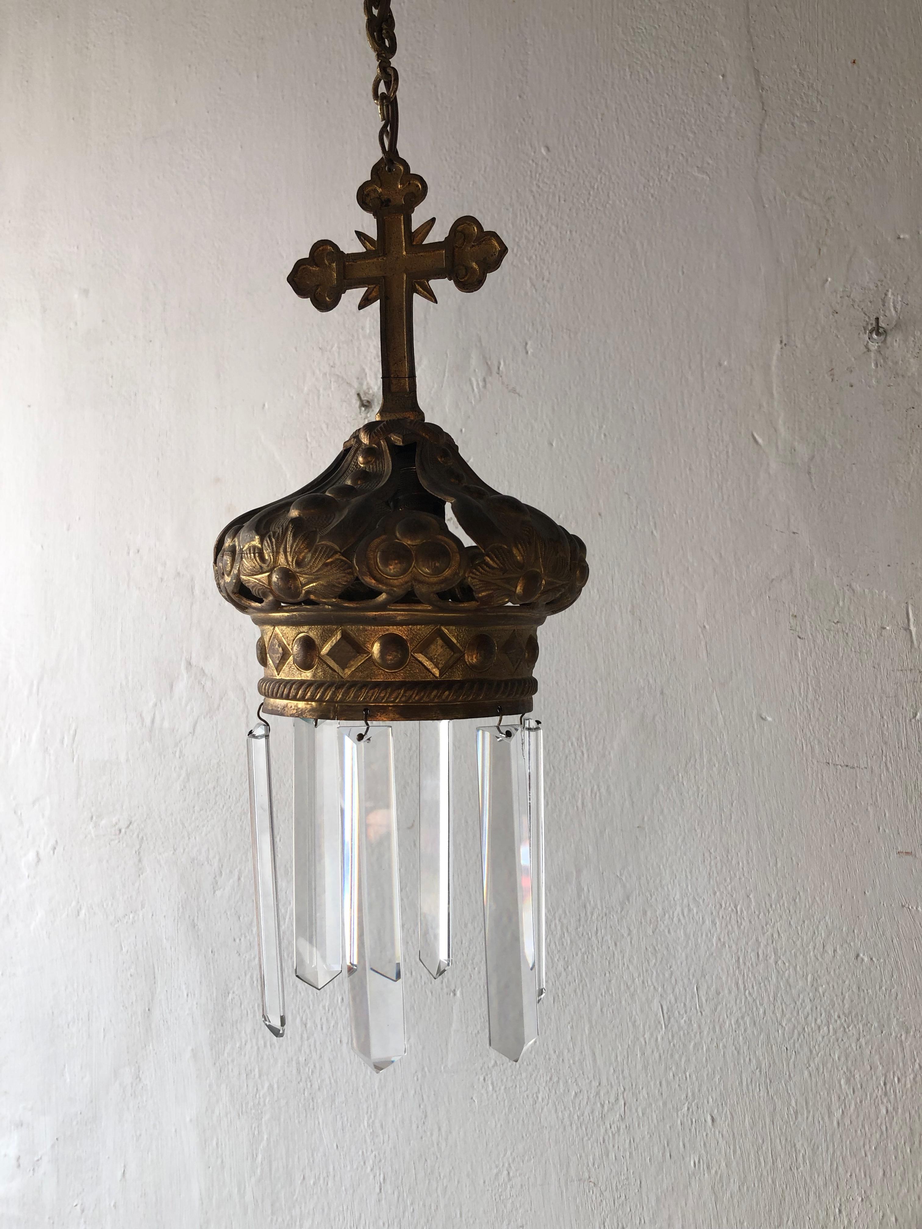 Early 20th Century French Bronze Cross and Crown Crystal Chandelier, circa 1900