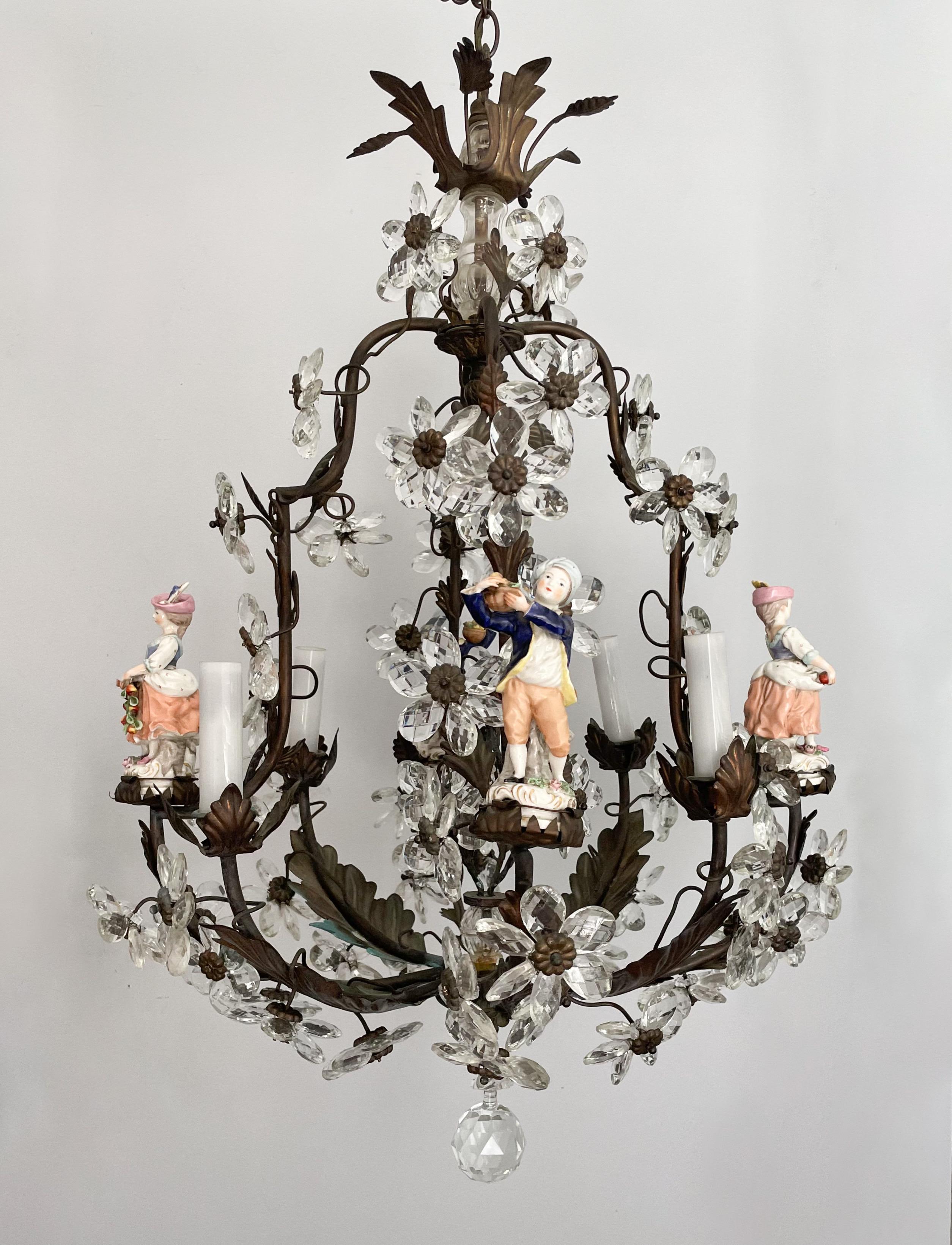 Louis XV French Bronze Crystal and Porcelain Chandelier For Sale
