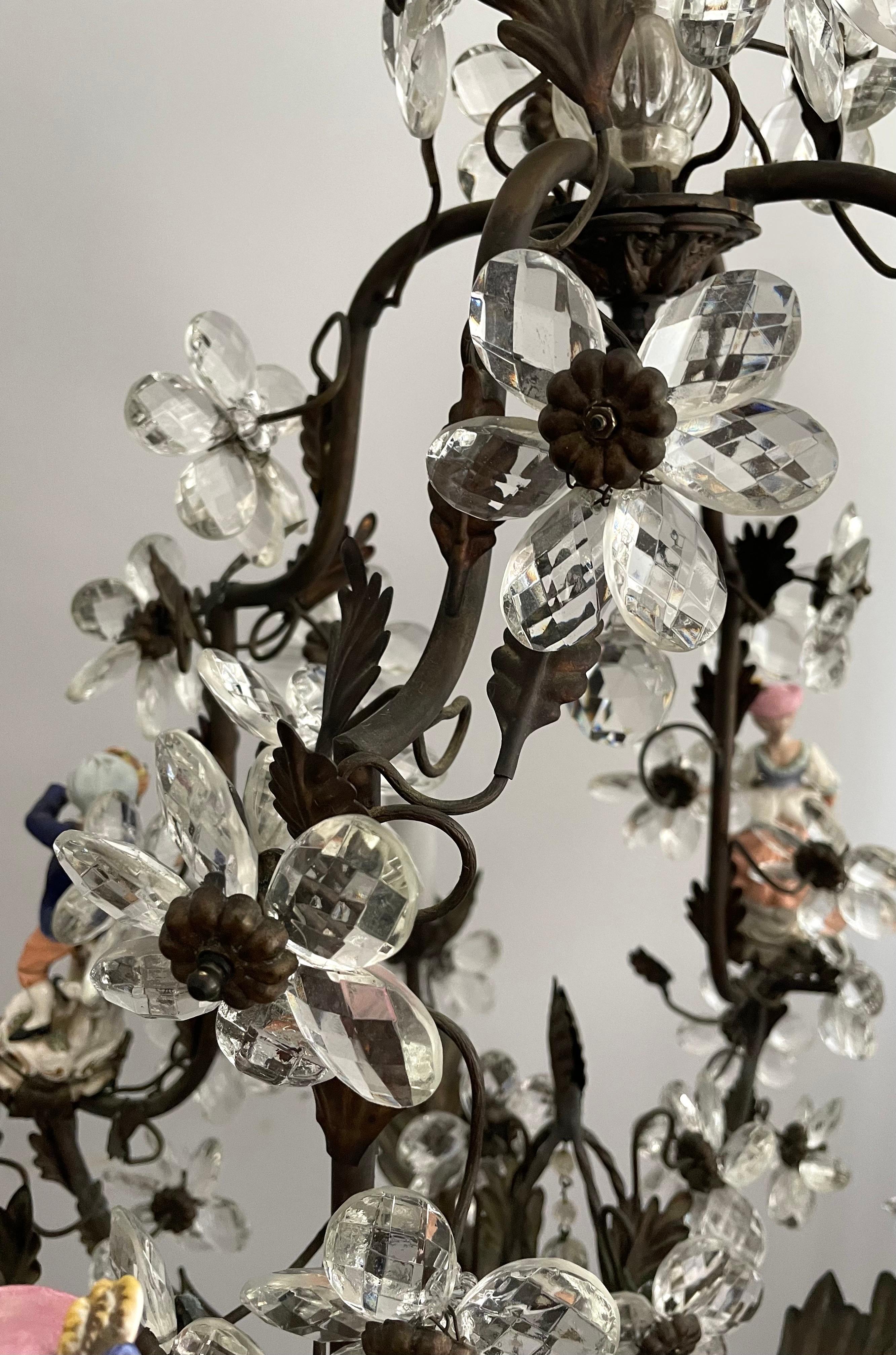 French Bronze Crystal and Porcelain Chandelier For Sale 2