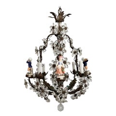 Vintage French Bronze Crystal and Porcelain Chandelier