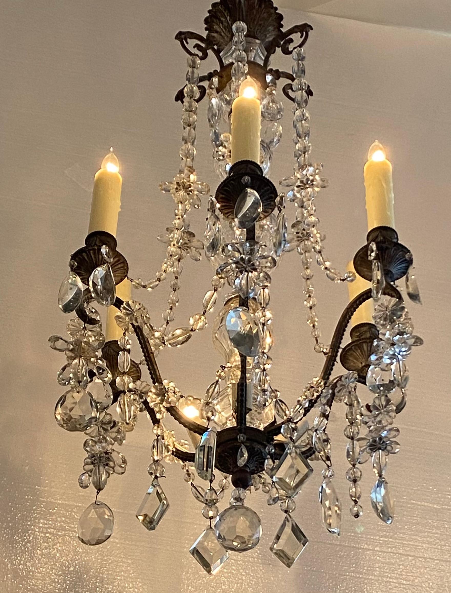 French bronze crystal chandelier, 6 lights, 4