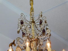 French Bronze & Crystal Eight Arm Amethyst Prism Chandelier Orig. Candle, C 1850