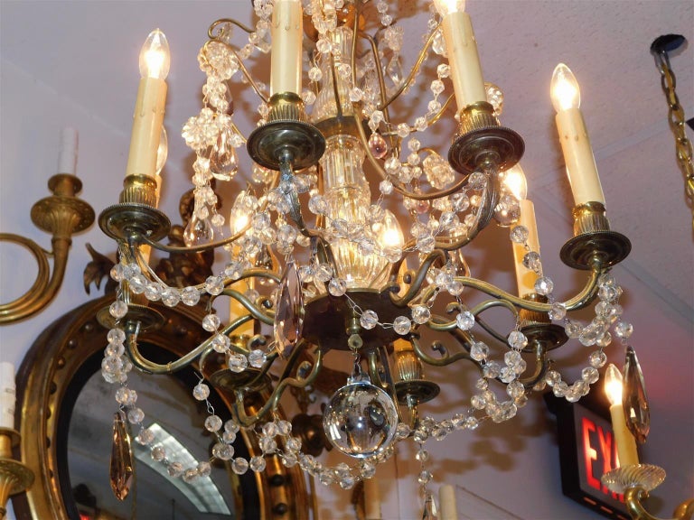 French Bronze and Crystal Eight Arm Amethyst Prism Chandelier Orig