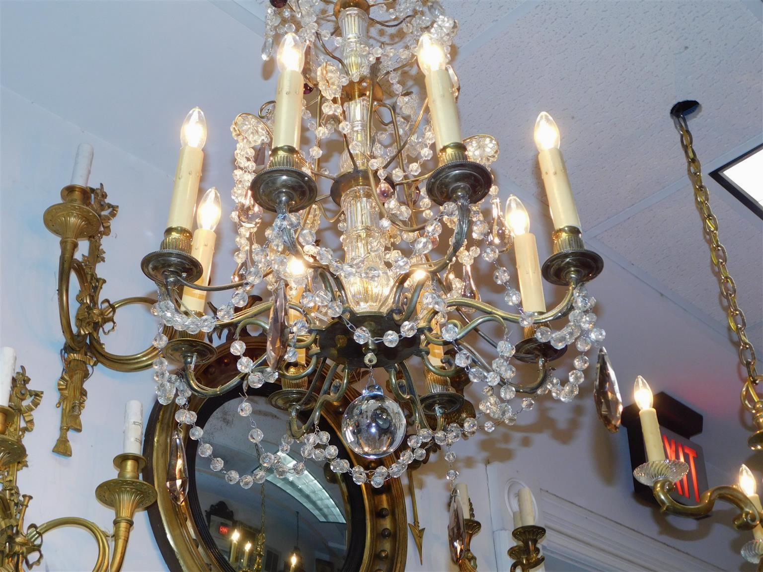 Cast French Bronze & Crystal Eight Arm Amethyst Prism Chandelier Orig. Candle, C 1850 For Sale