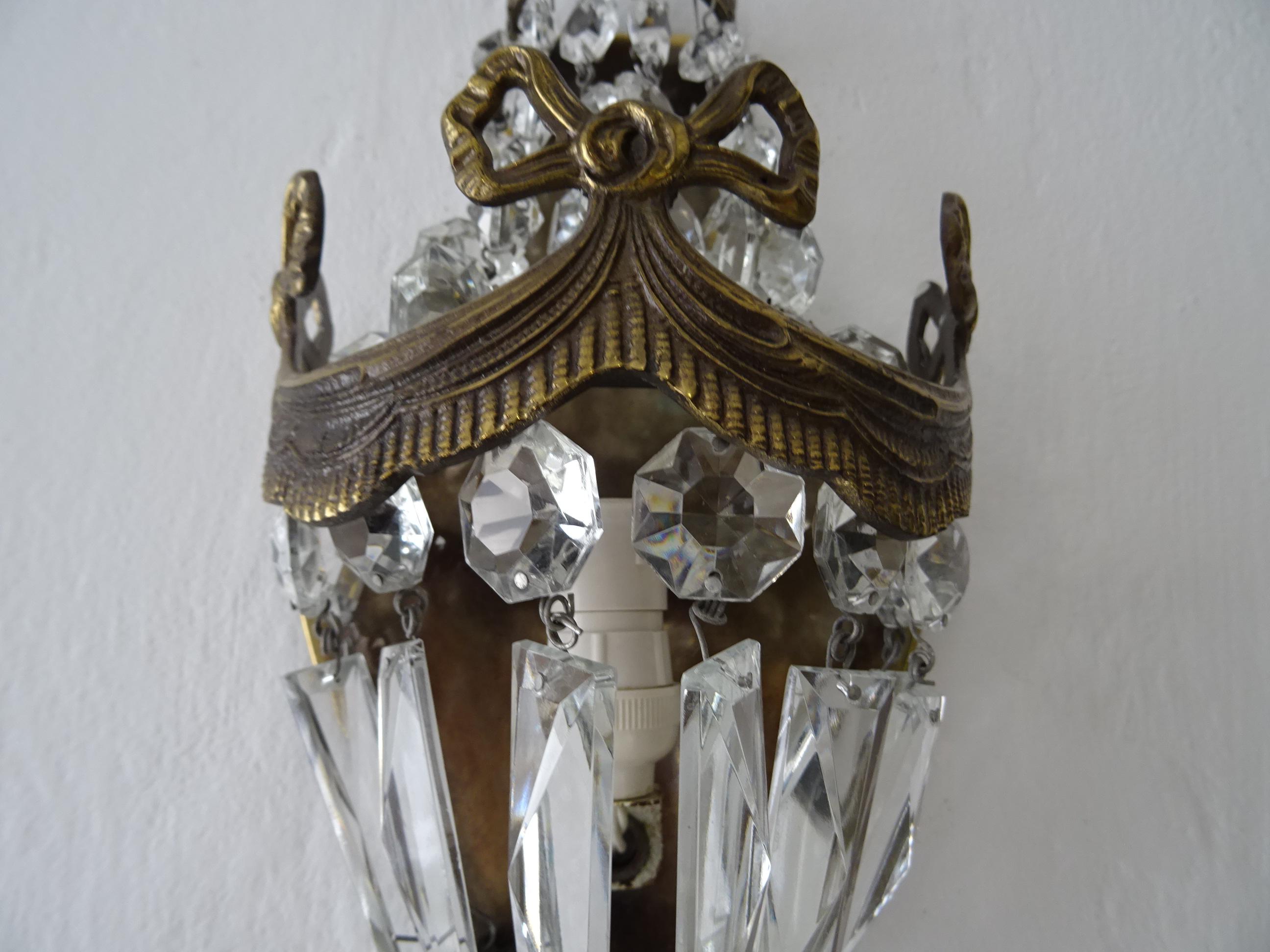 French Bronze Bows Crystal Prisms Empire Sconces, circa 1930 For Sale 6