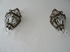 French Bronze Bows Crystal Prisms Empire Sconces, circa 1930