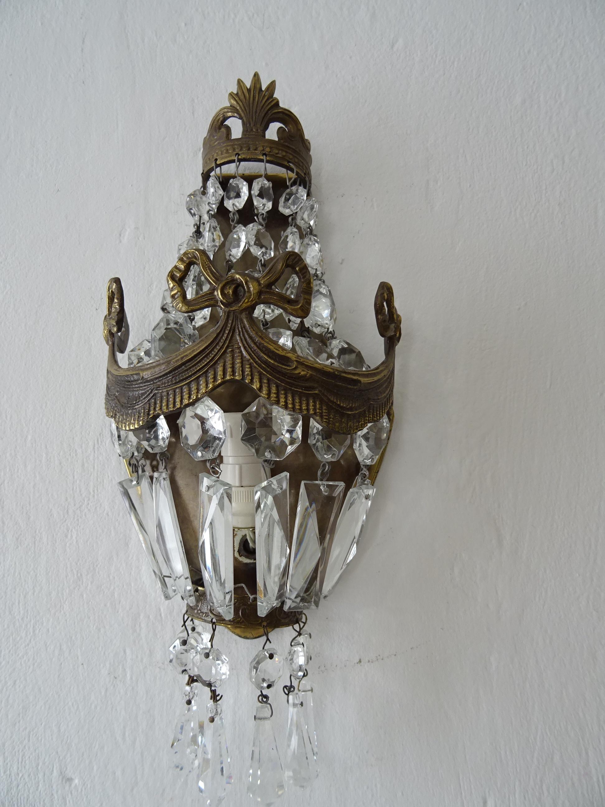 Mid-20th Century French Bronze Bows Crystal Prisms Empire Sconces, circa 1930 For Sale