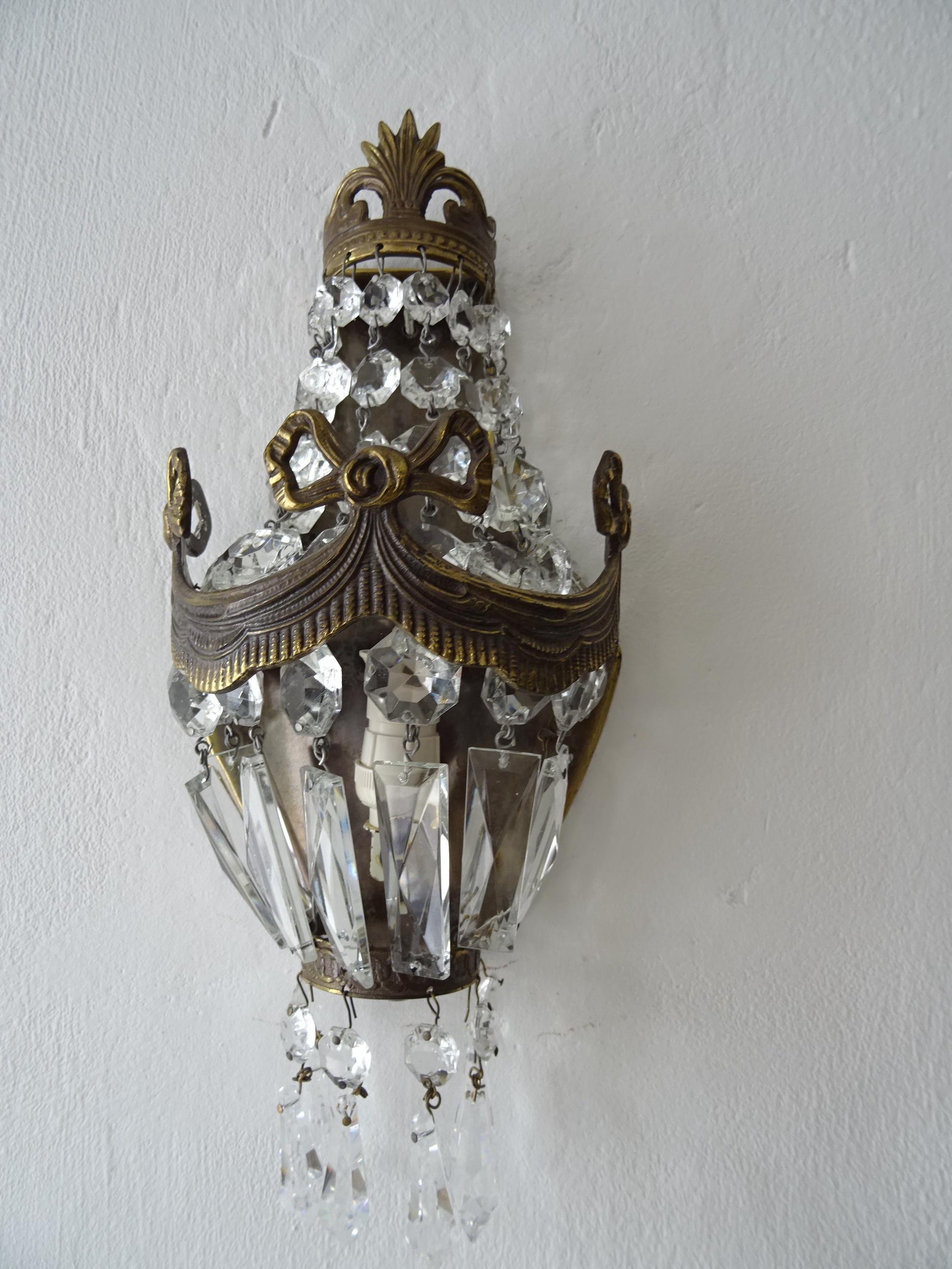 French Bronze Bows Crystal Prisms Empire Sconces, circa 1930 For Sale 1