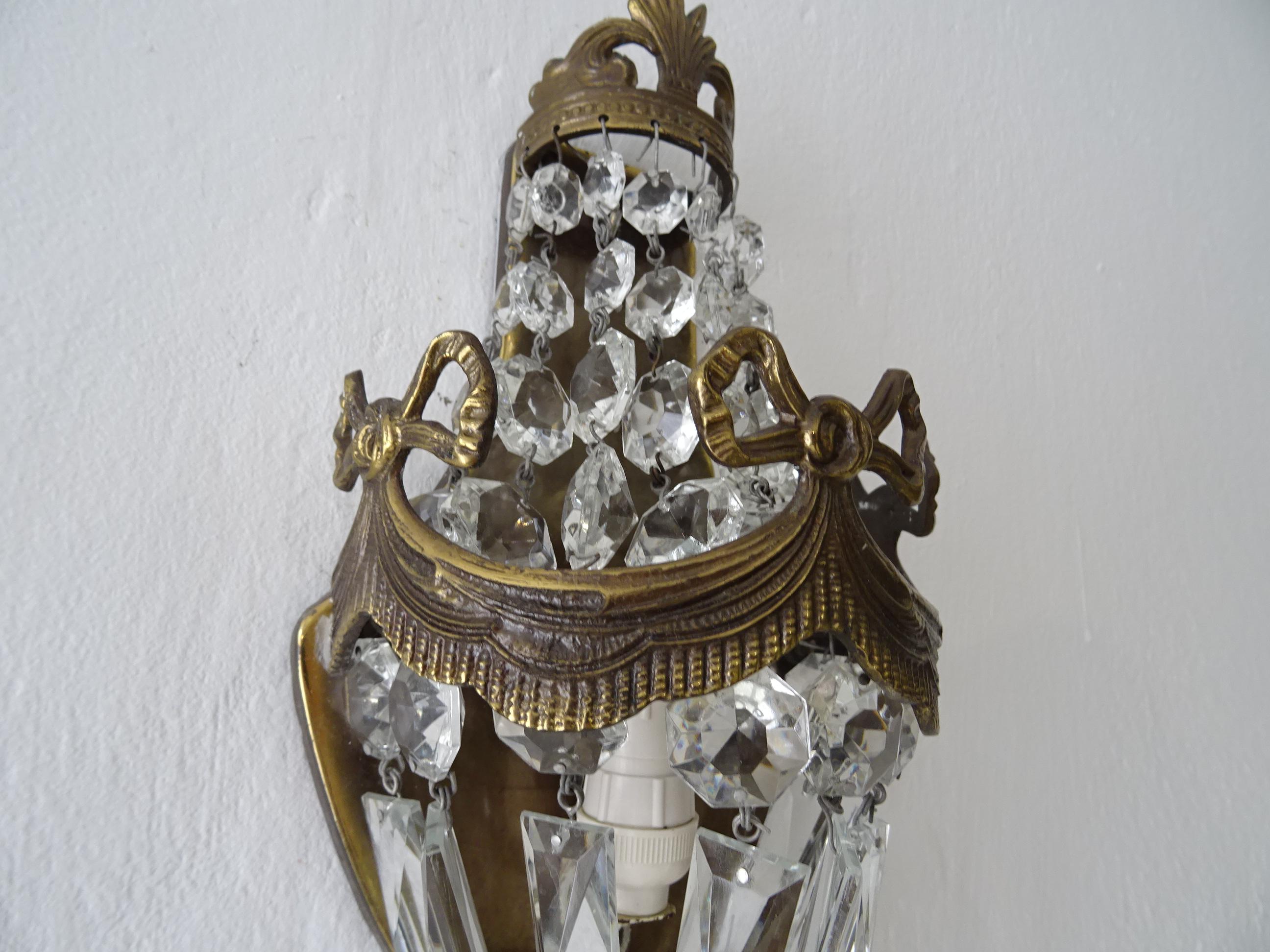 French Bronze Bows Crystal Prisms Empire Sconces, circa 1930 For Sale 2