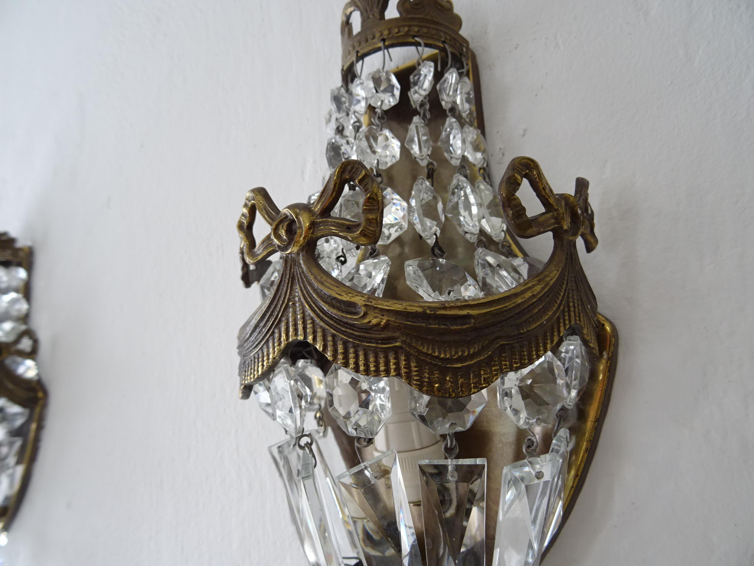 French Bronze Bows Crystal Prisms Empire Sconces, circa 1930 For Sale 3