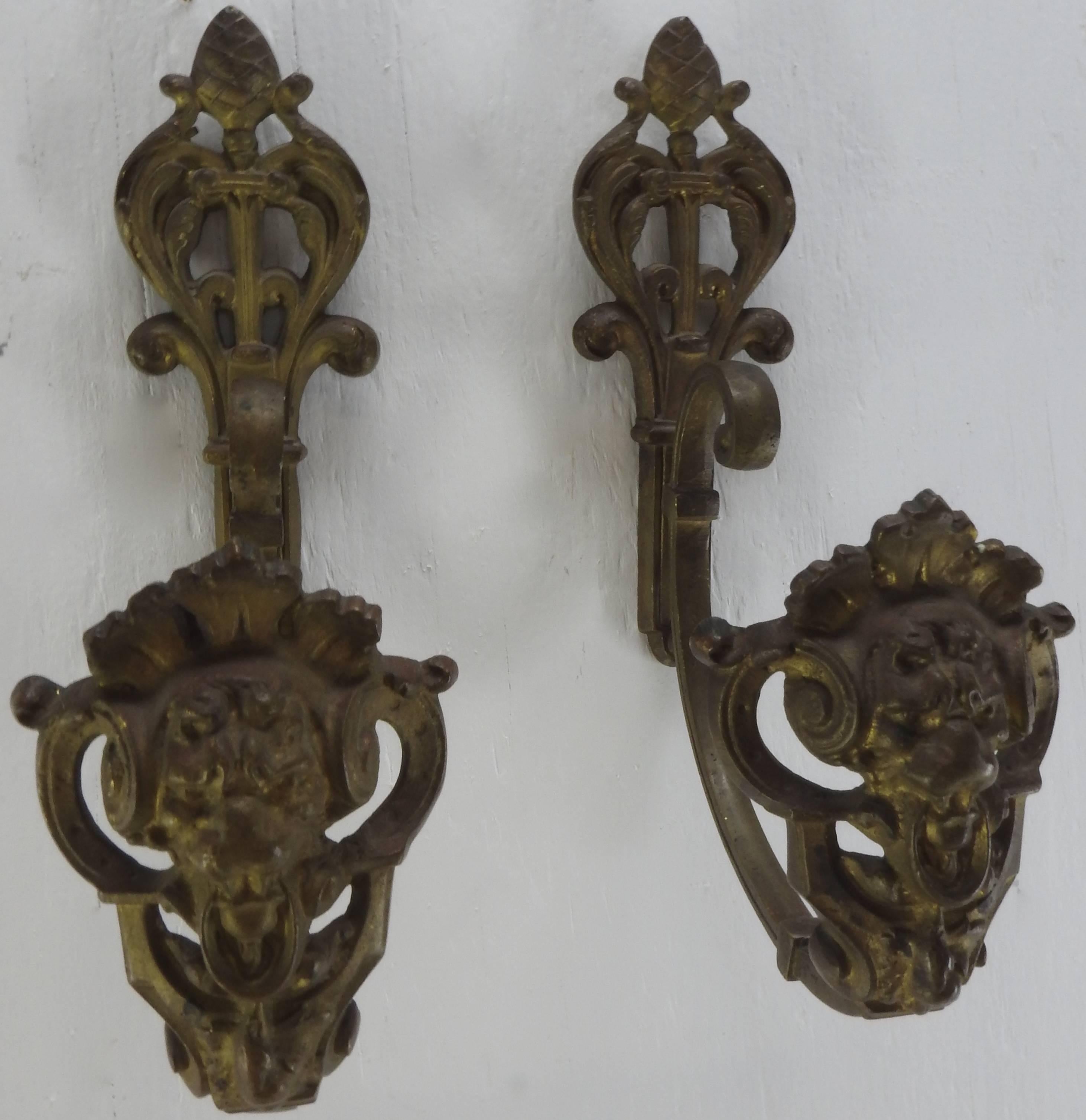 Rococo French Bronze Curtain Tie Back Hooks with Faces For Sale