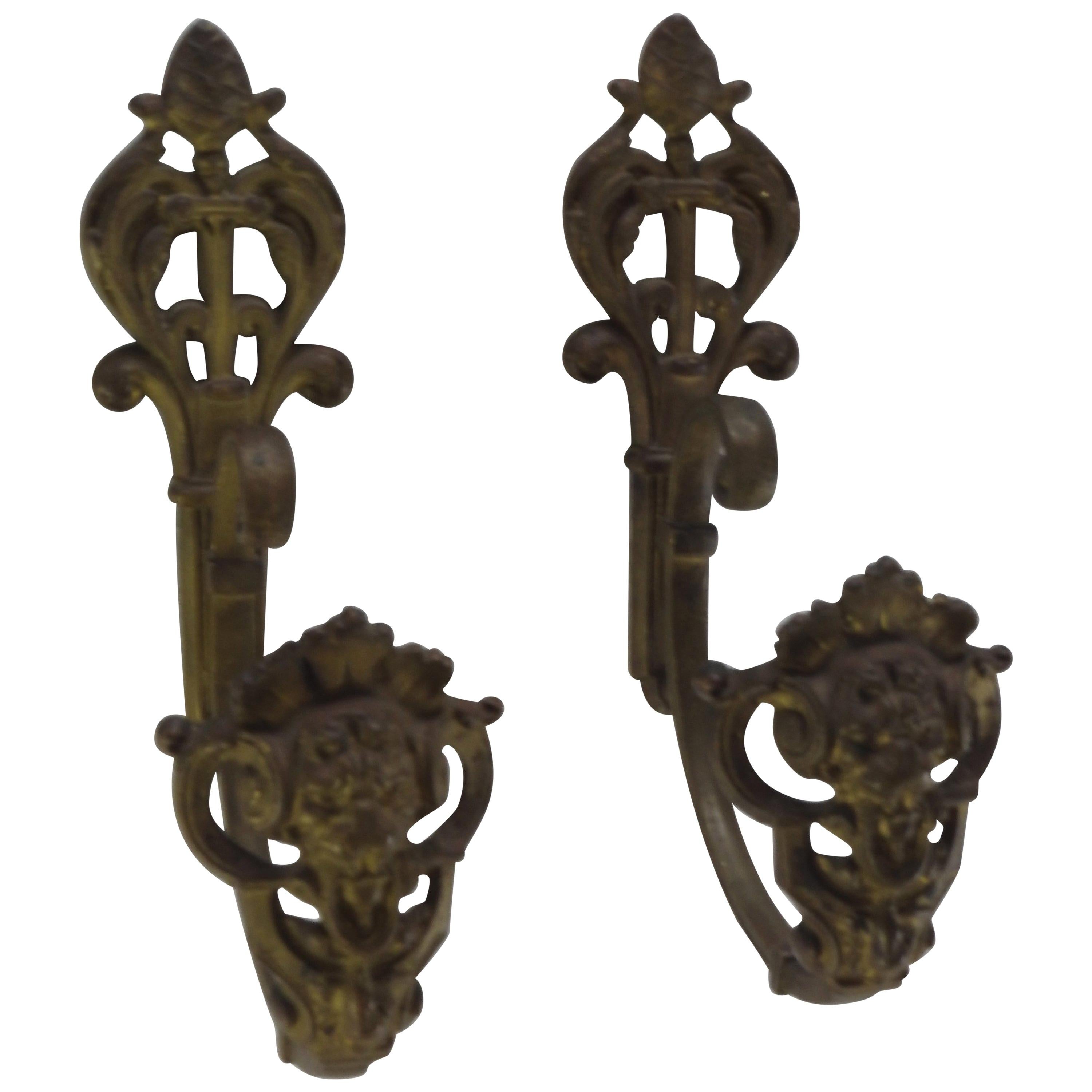 French Bronze Curtain Tie Back Hooks with Faces For Sale
