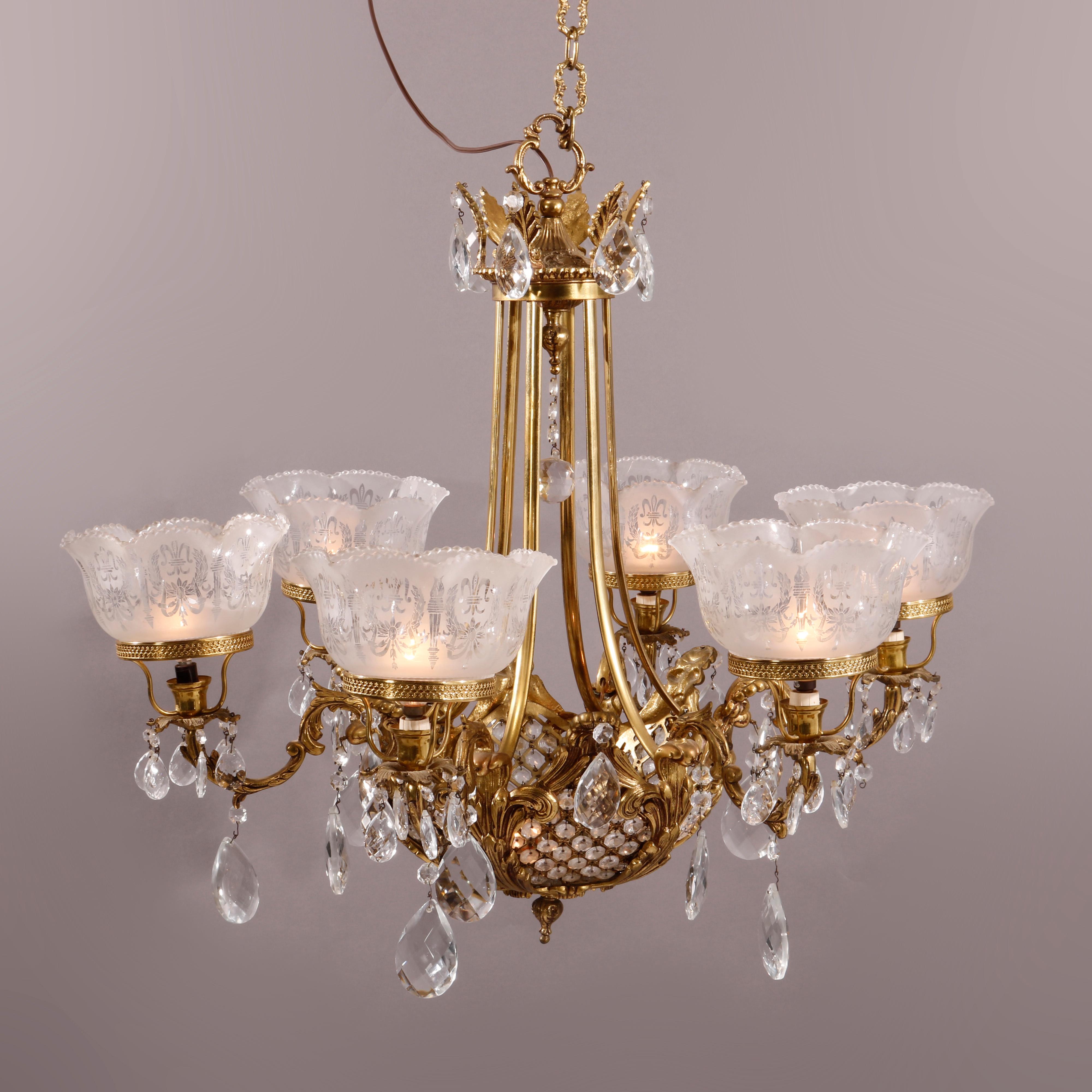 American French Bronze & Cut Crystal Five-Light Chandelier, 20th C