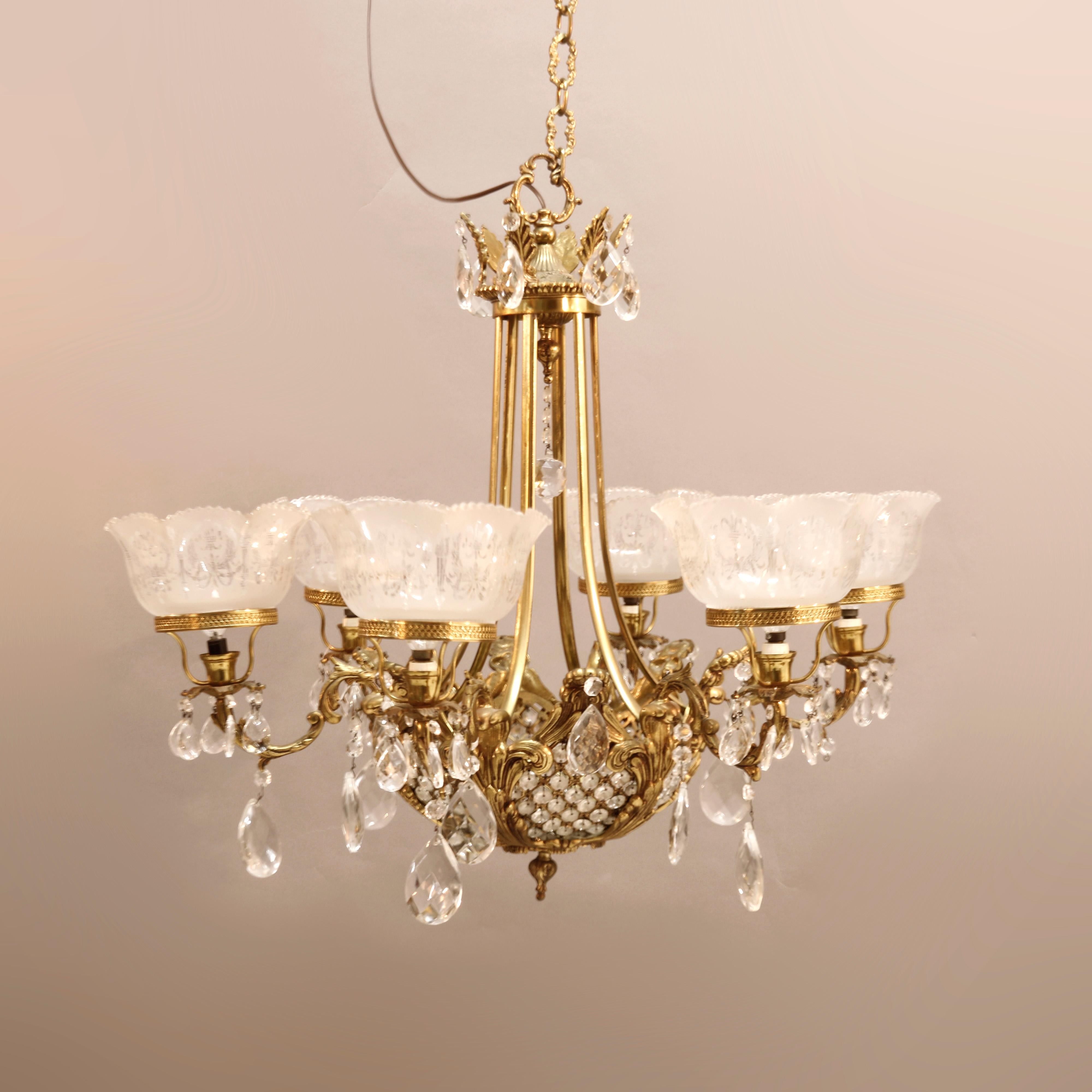 French Bronze & Cut Crystal Five-Light Chandelier, 20th C In Good Condition In Big Flats, NY