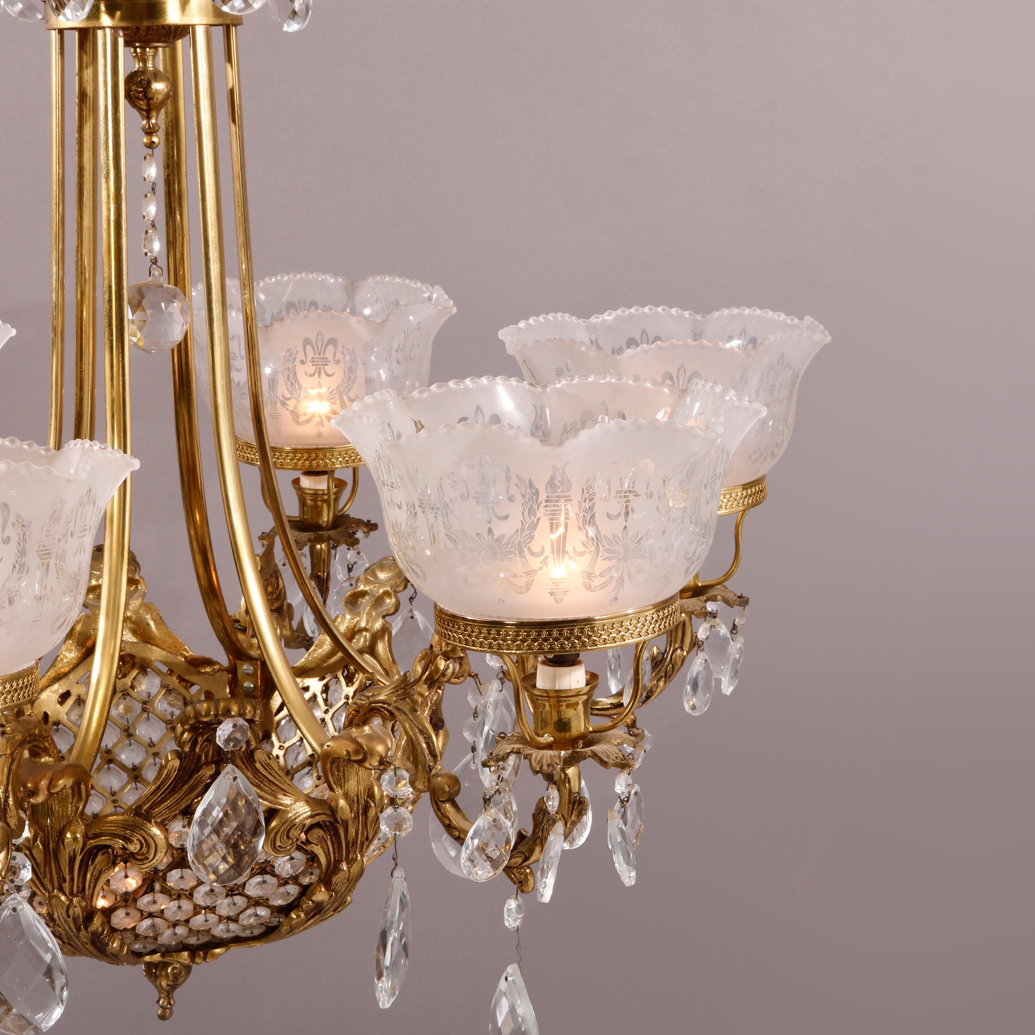 20th Century French Bronze & Cut Crystal Five-Light Chandelier, 20th C