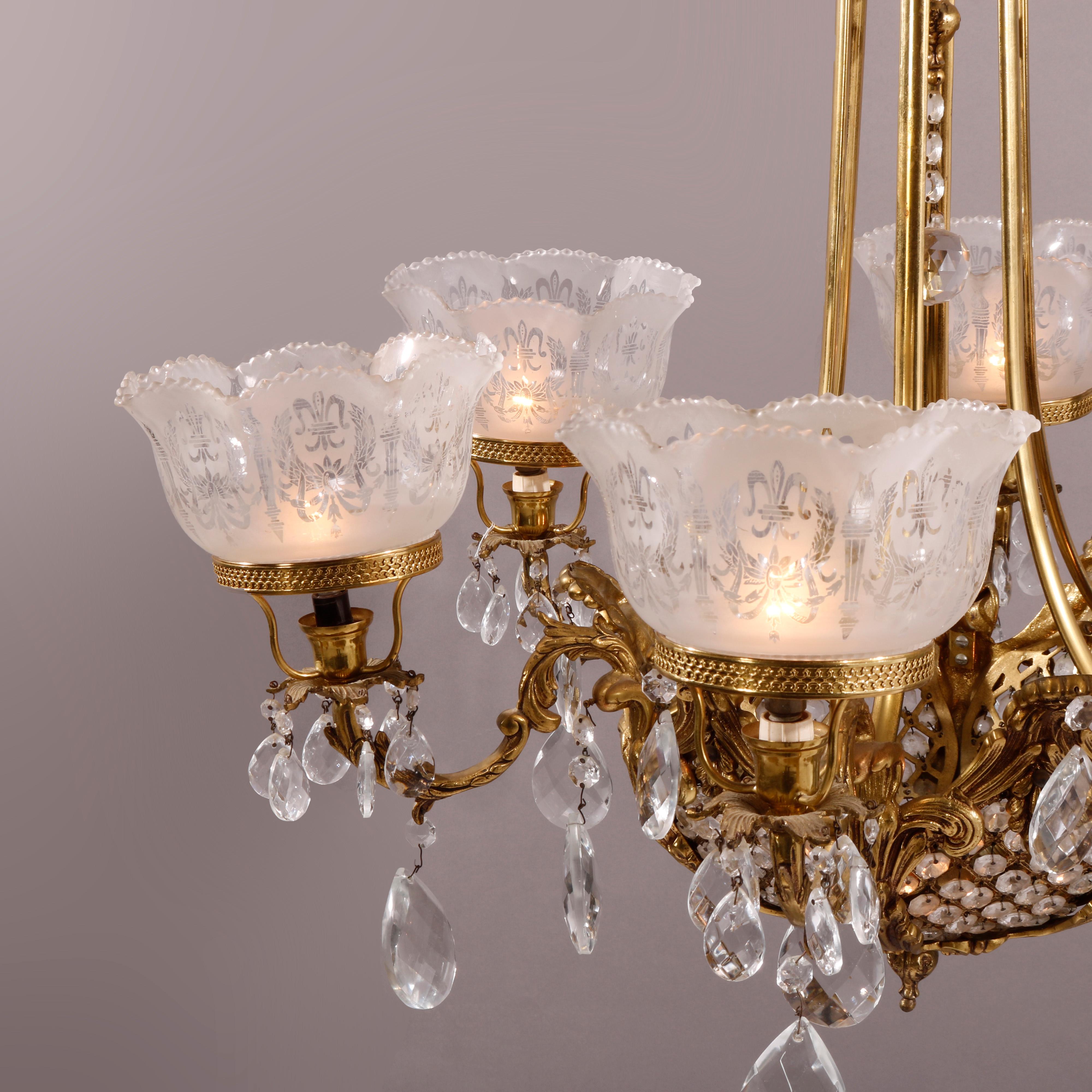 French Bronze & Cut Crystal Five-Light Chandelier, 20th C 1