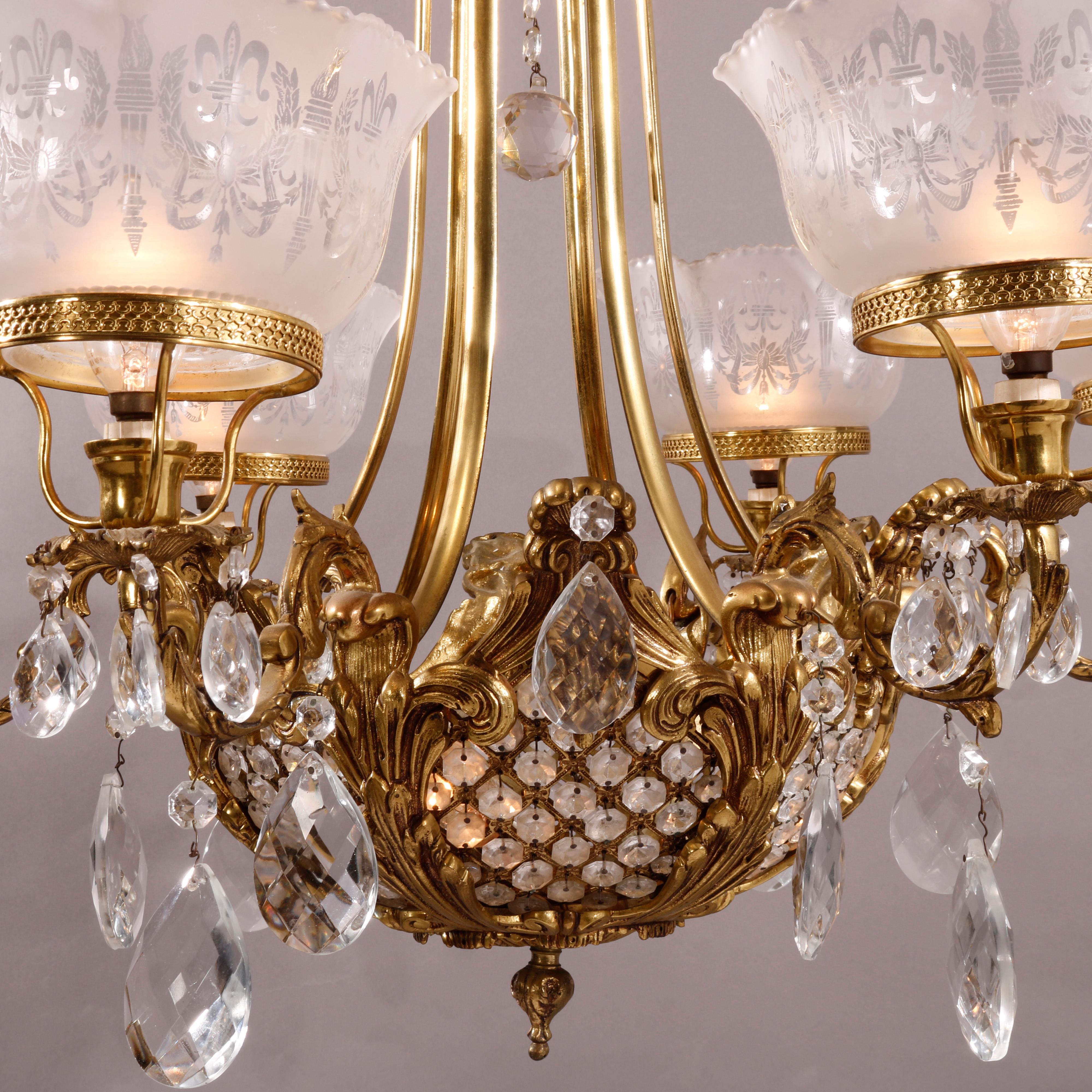French Bronze & Cut Crystal Five-Light Chandelier, 20th C 3
