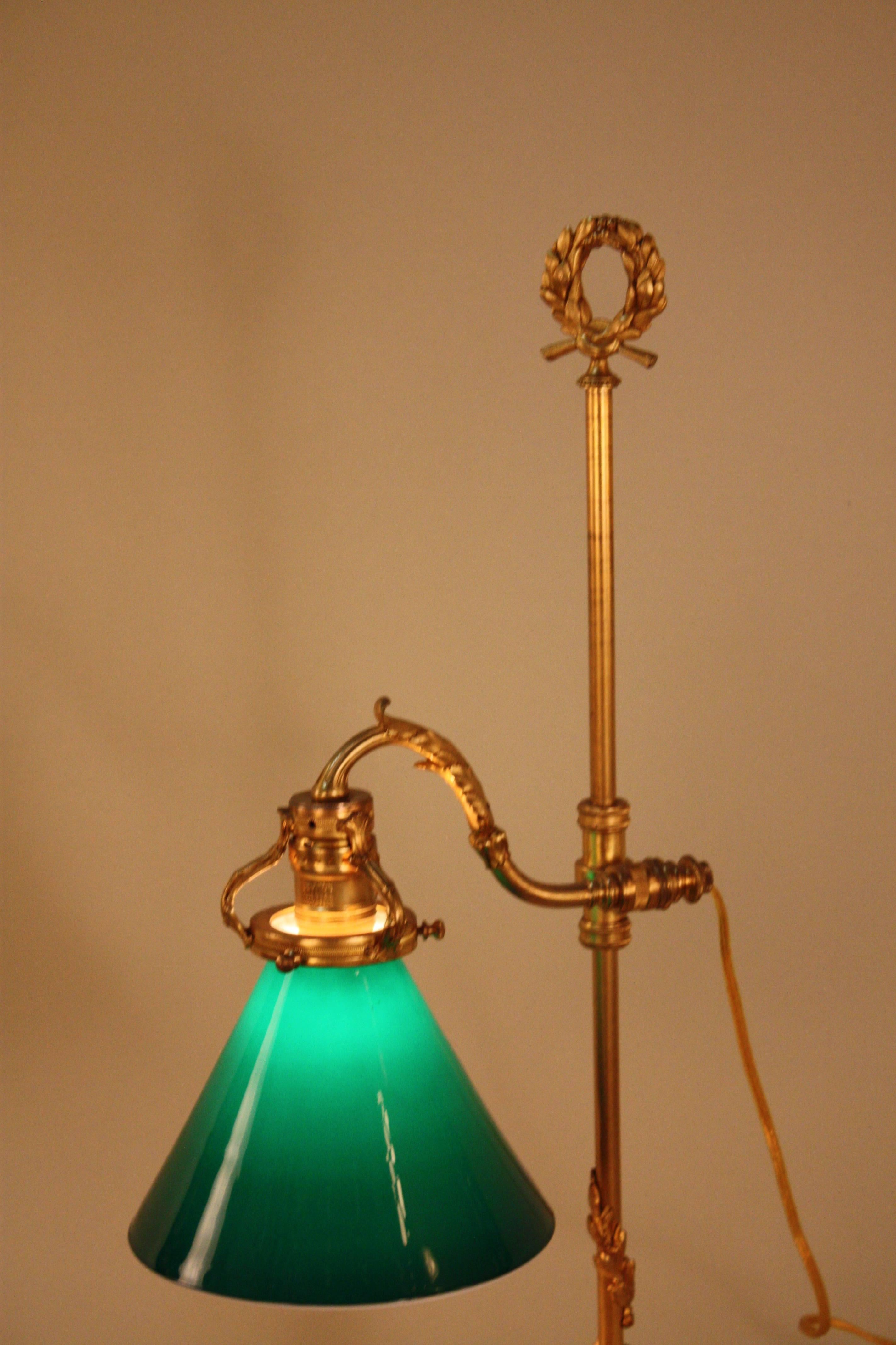 French Bronze Desk Lamp with Cased Green Shade In Good Condition In Fairfax, VA