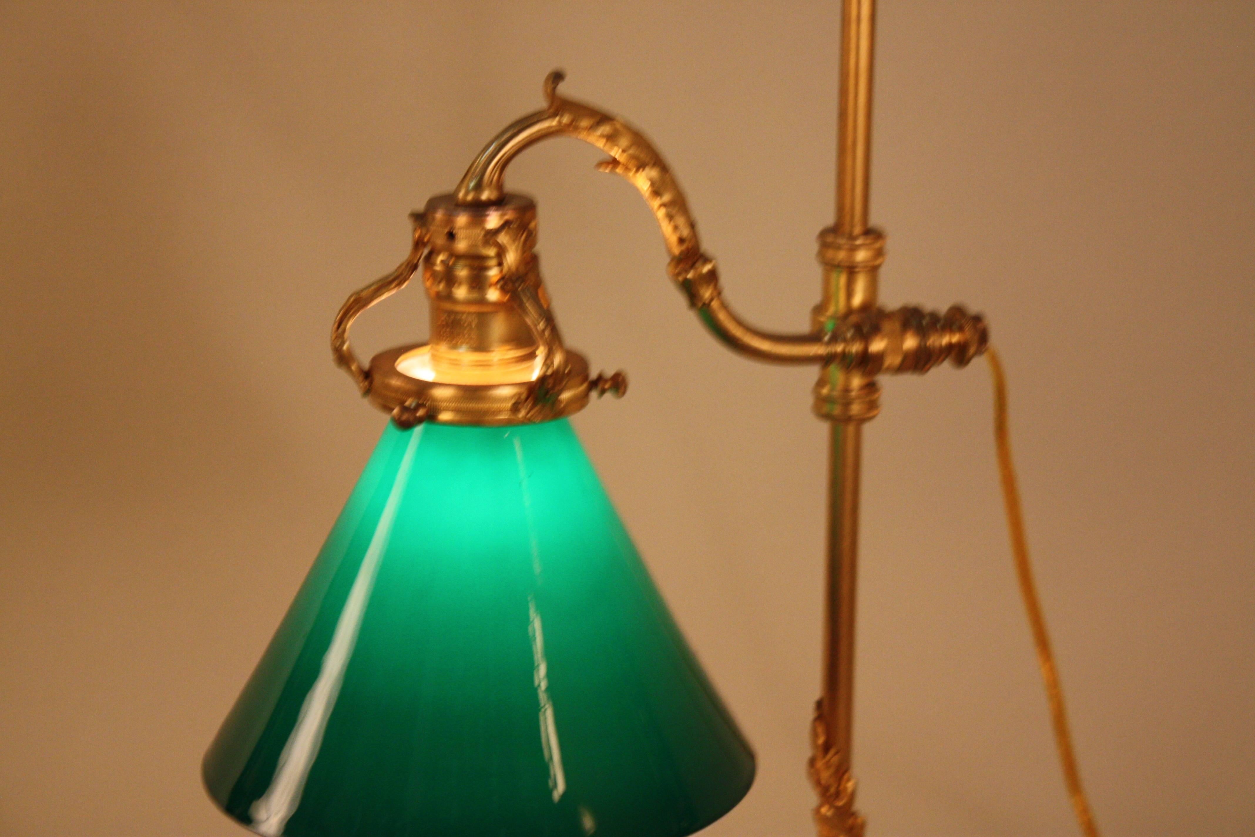 Early 20th Century French Bronze Desk Lamp with Cased Green Shade