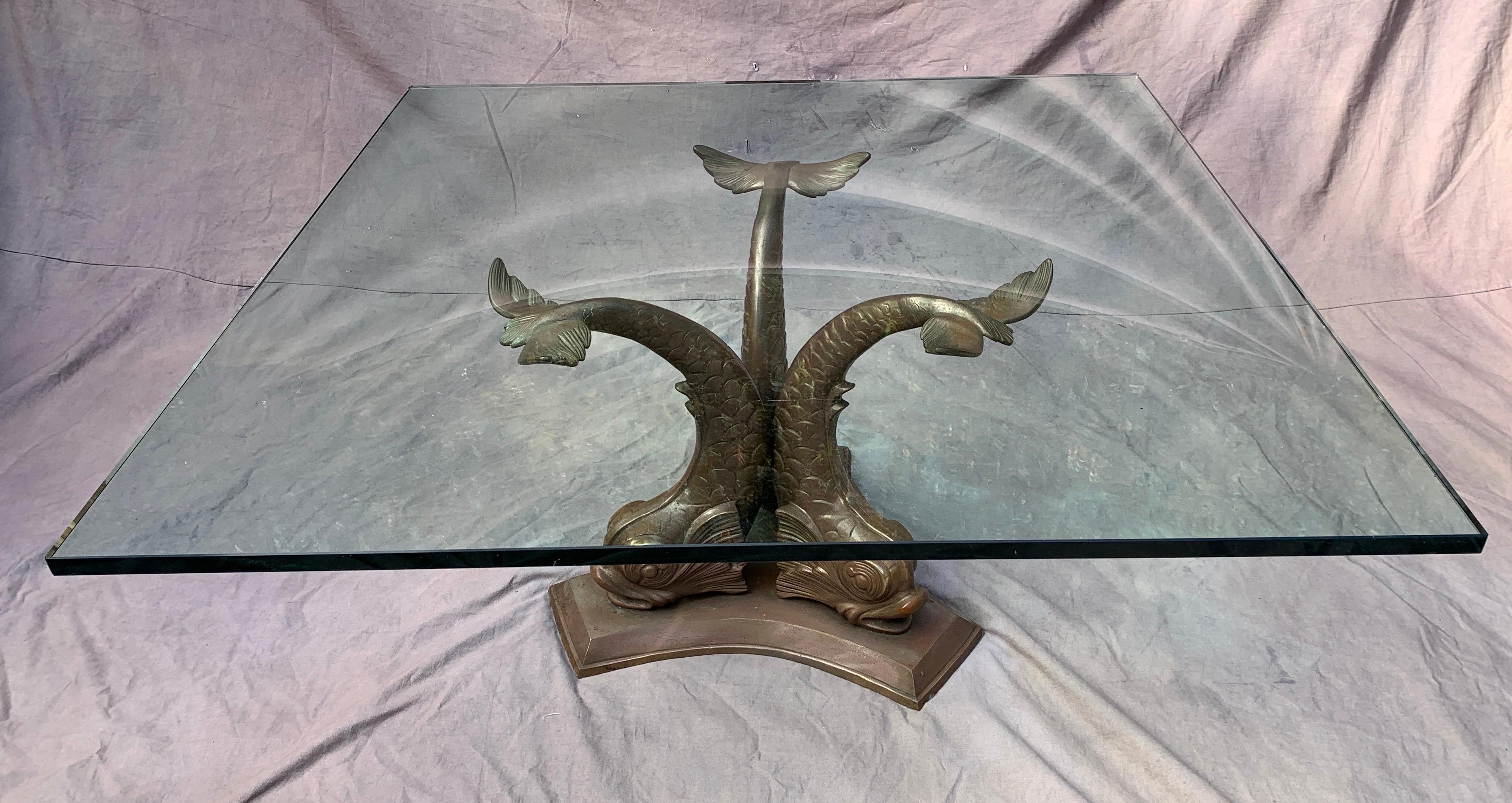 Glass French Bronze Dolphin Coffee or Cocktail Table For Sale