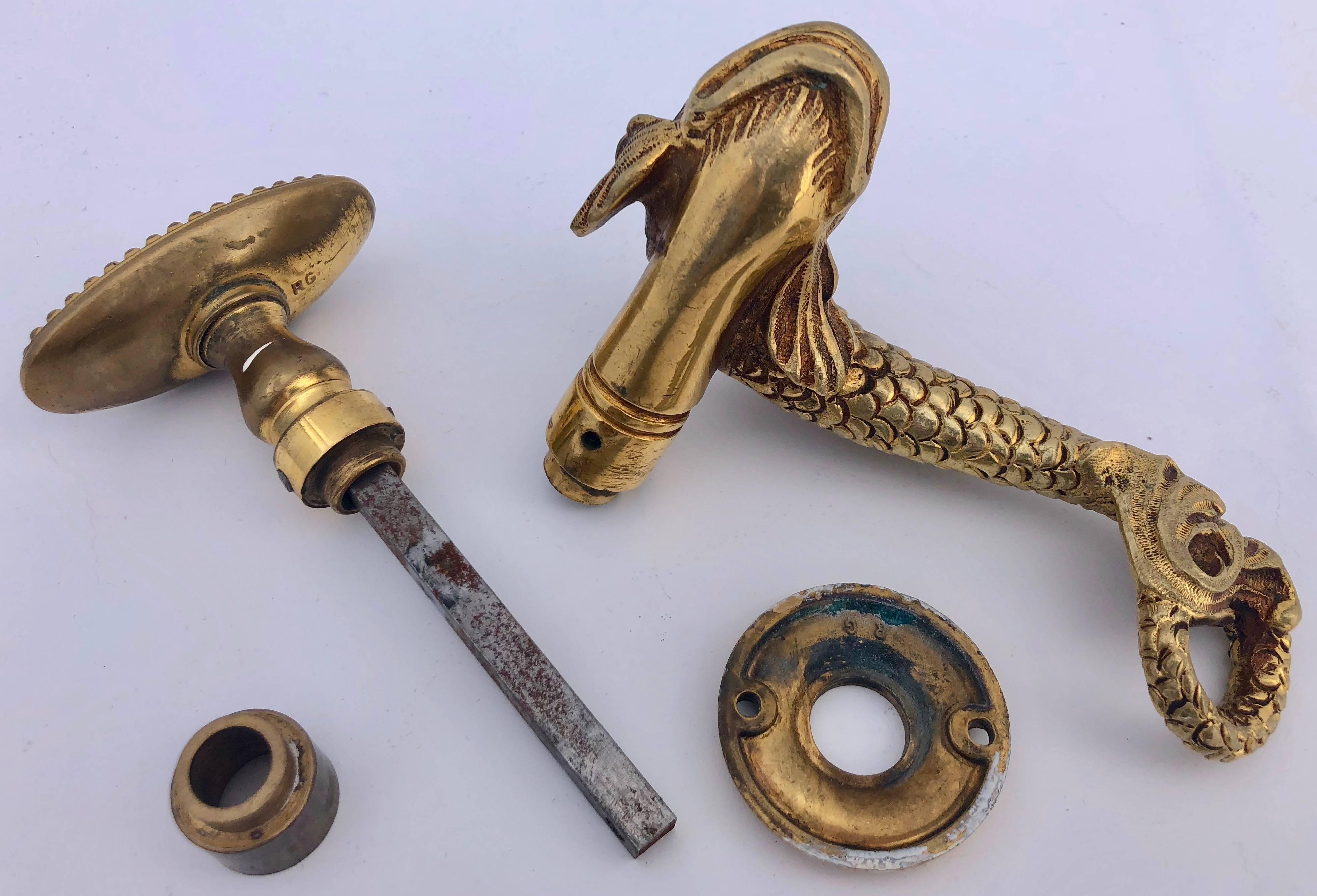 French Bronze Door Handle and Knob Set, Dolphin Handle and an Oval Knob, 1950s In Good Condition For Sale In Petaluma, CA