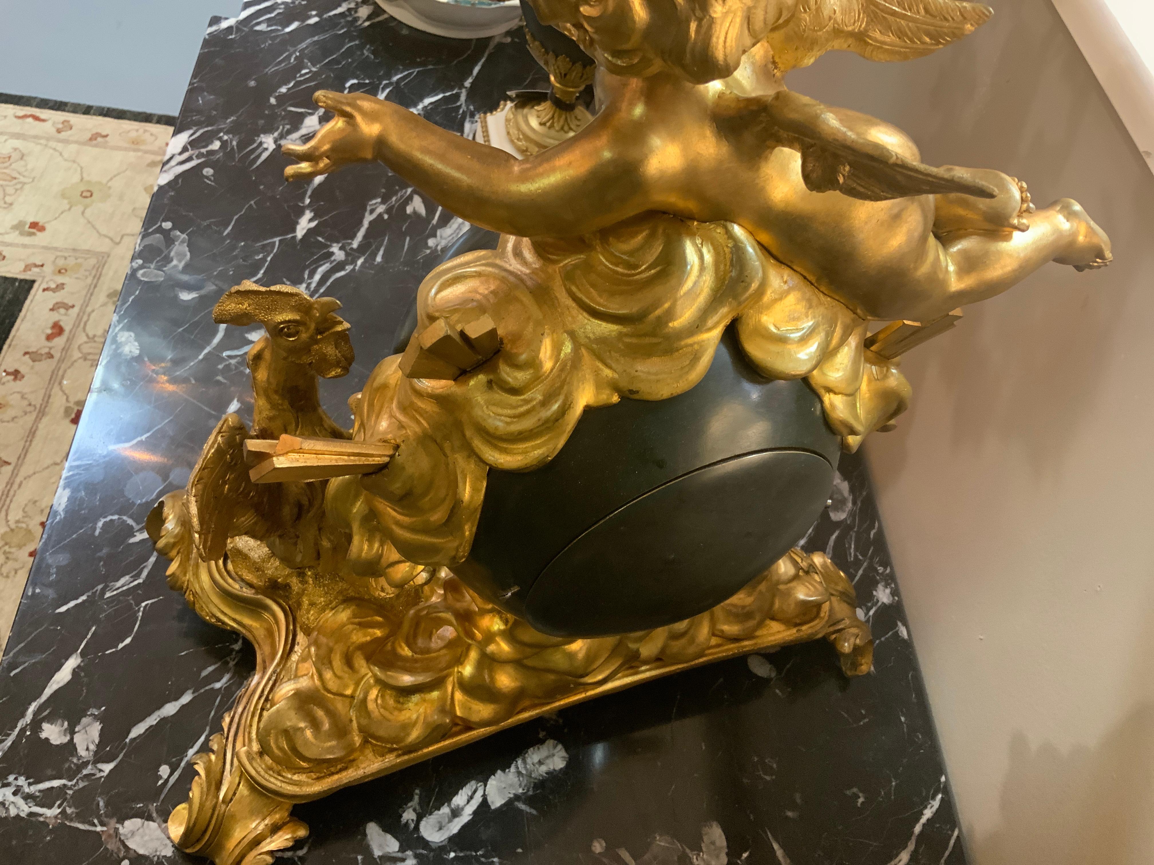 French bronze dore and black mantel/table clock by raingo feres 1890 For Sale 1