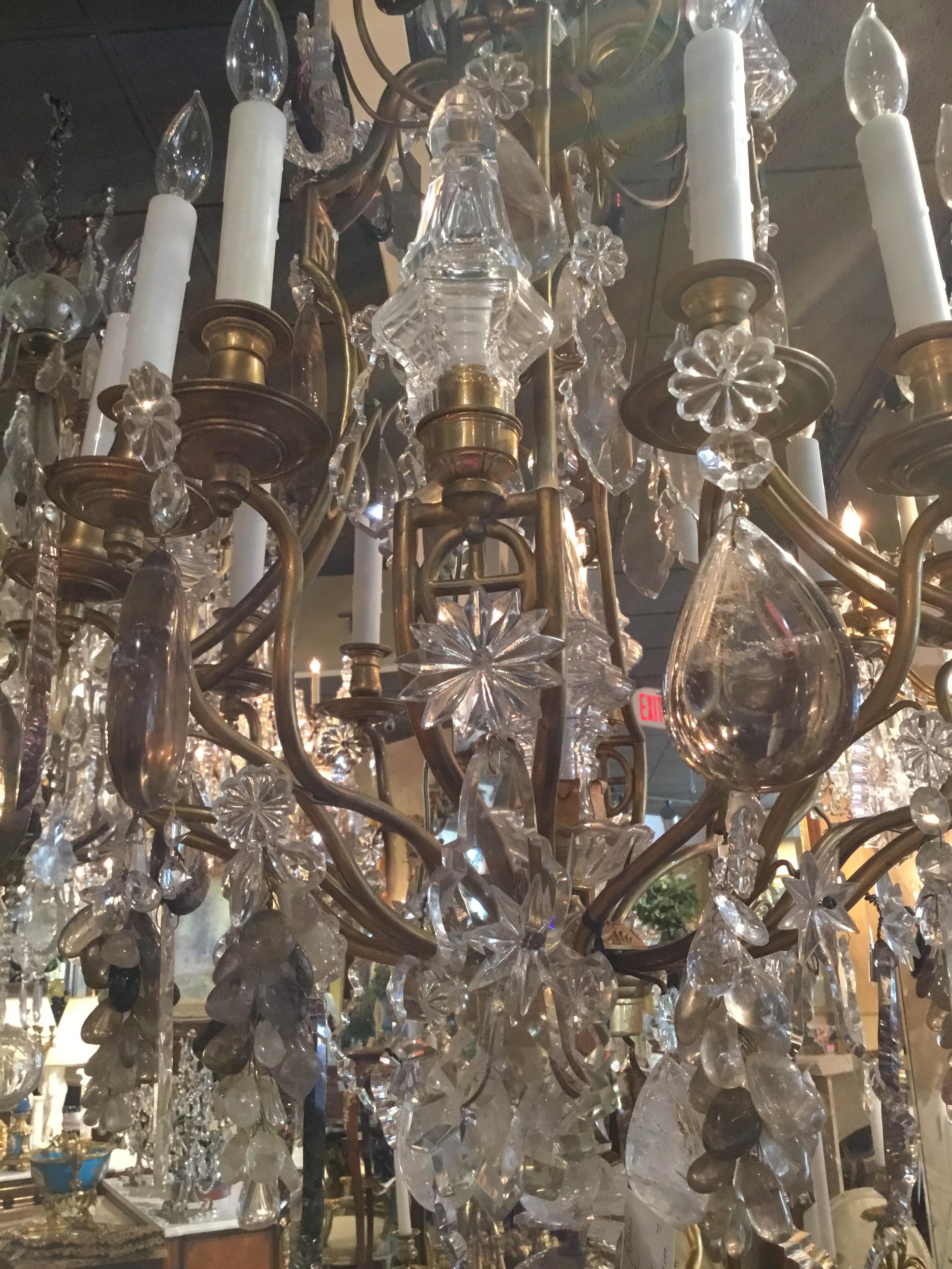   French bronze Dore and Crystal Chandelier with smokey rock, amythyst crystal In Good Condition In Houston, TX