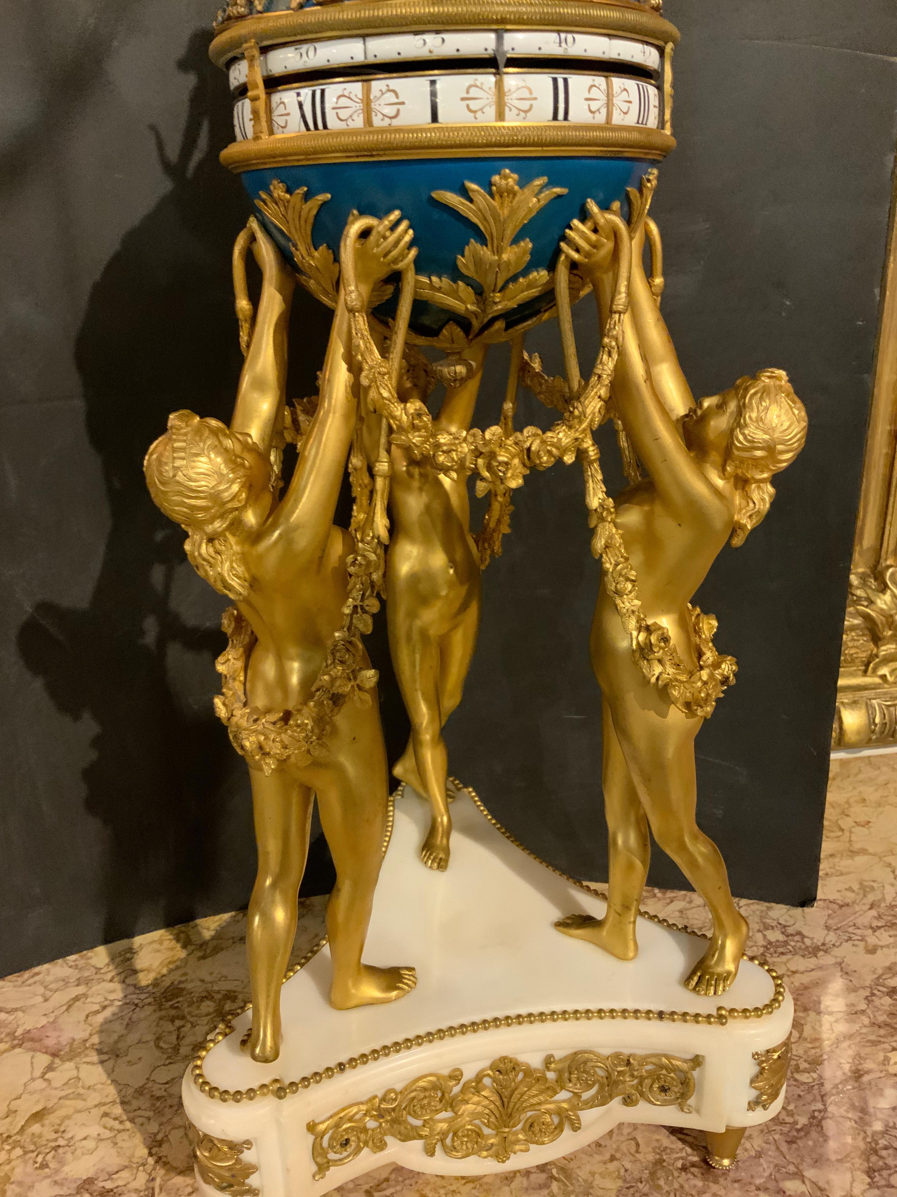 19th Century French bronze dore and marble annular clock depicting the Three Graces For Sale
