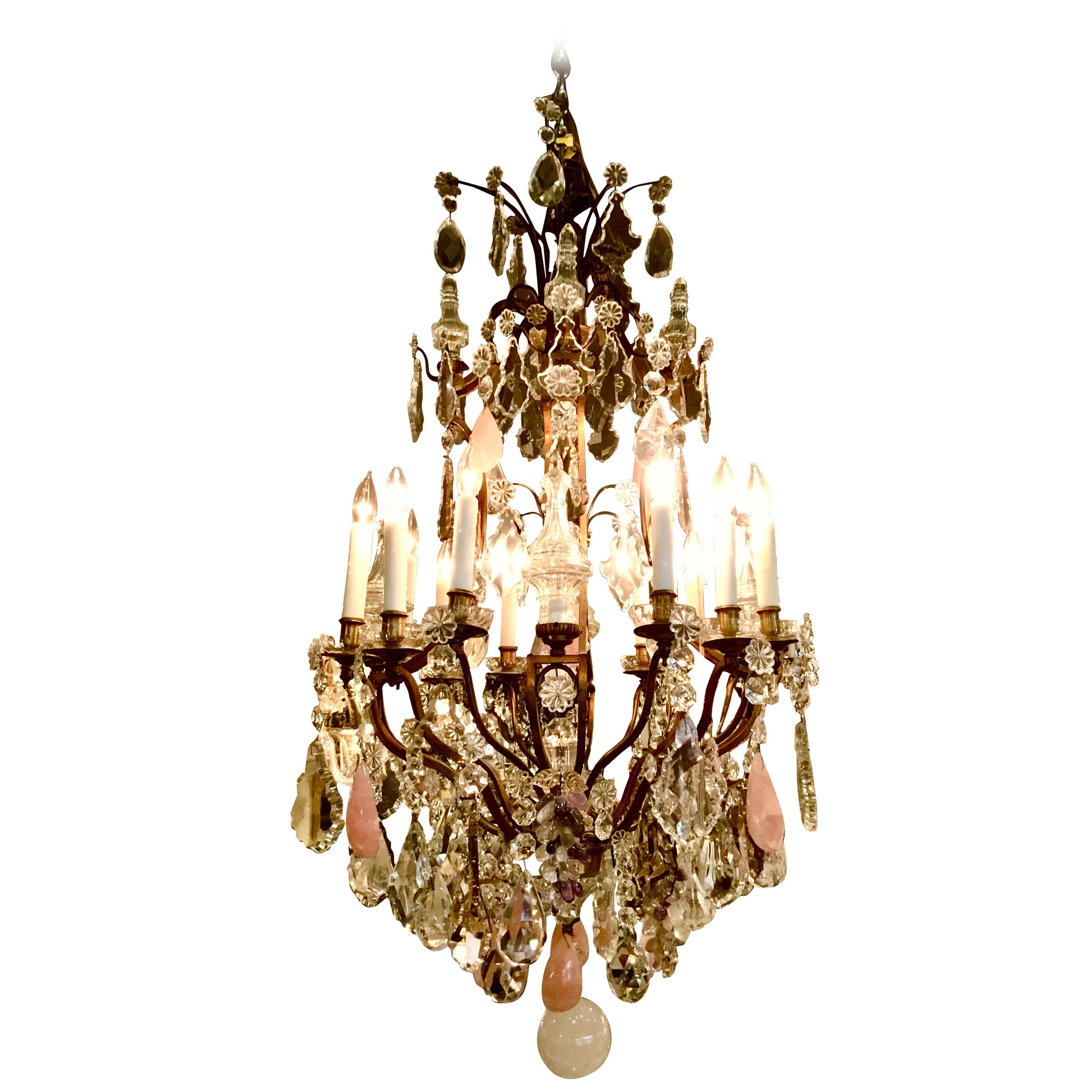 French Bronze Doré Chandelier, 12 Lights with Rock, Clear, Rose Quartz
