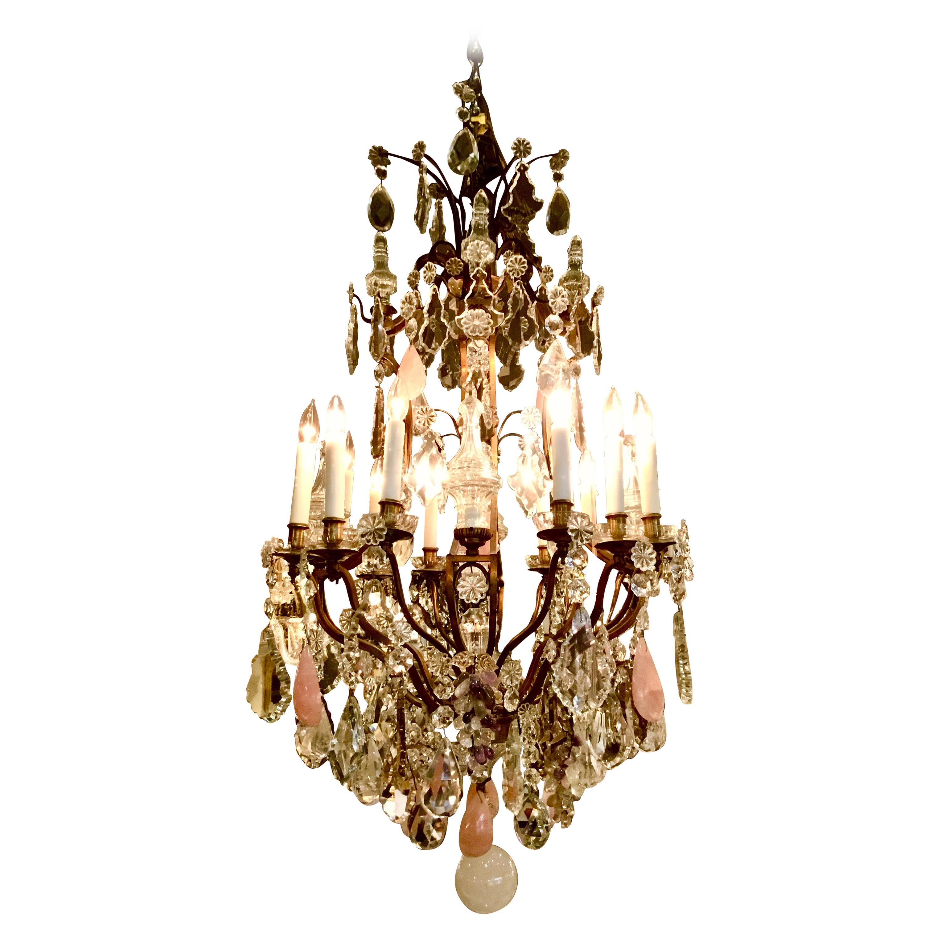 French Bronze Doré Chandelier, 12 Lights with Rock, Clear, Rose Quartz Crystals