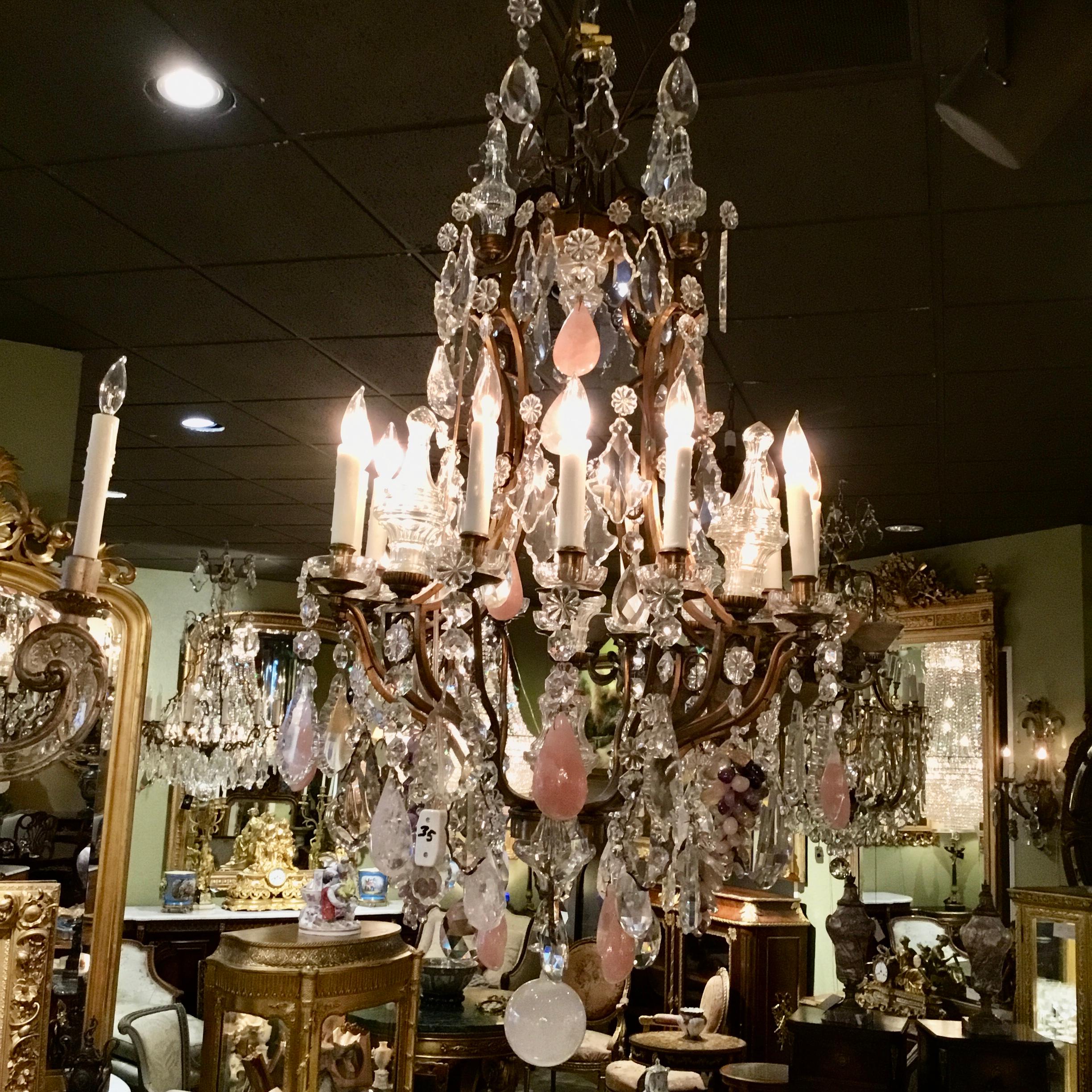 French Bronze Doré Chandelier, 12 Lights with Rock, Clear, Rose Quartz Crystals In Excellent Condition In Houston, TX