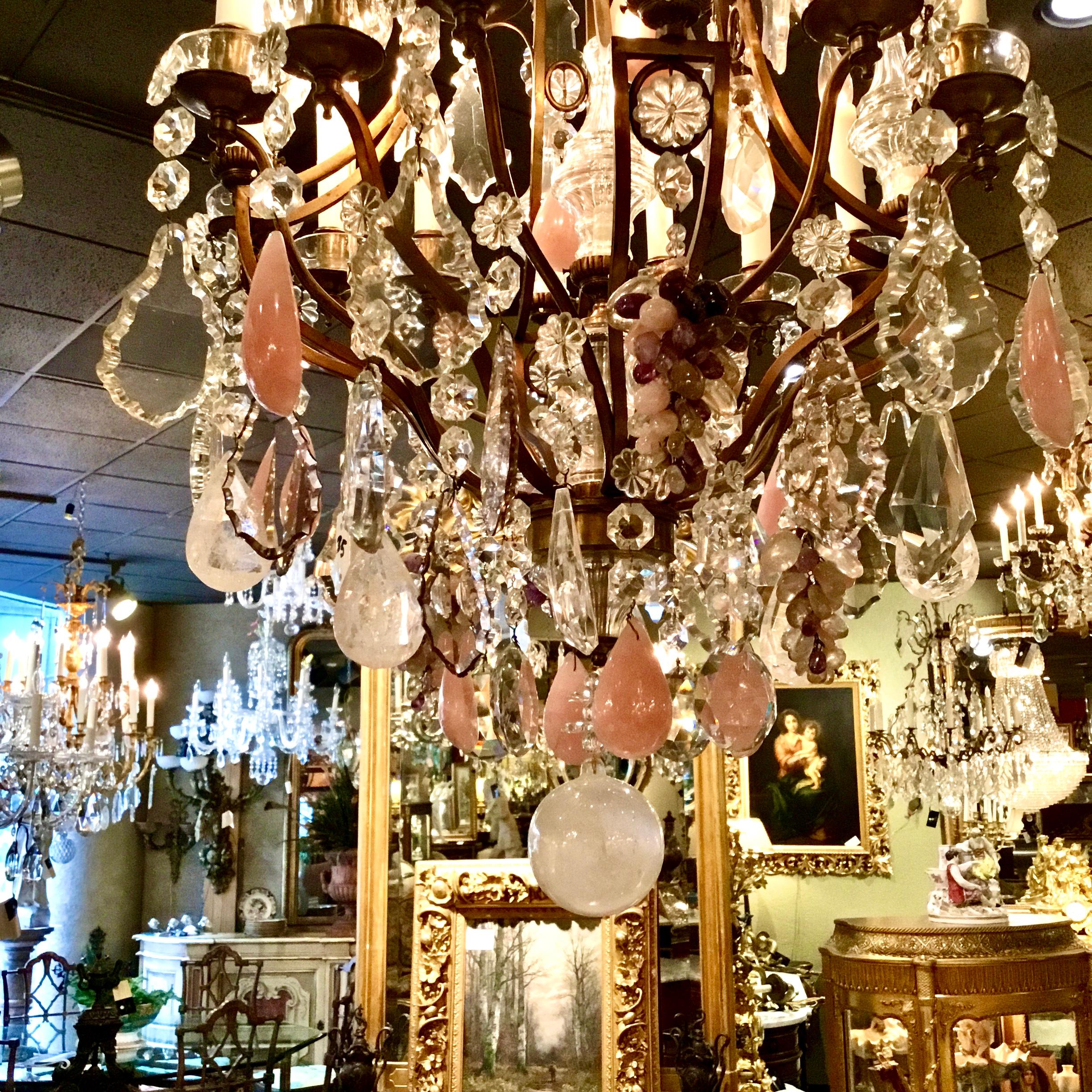 20th Century French Bronze Doré Chandelier, 12 Lights with Rock, Clear, Rose Quartz Crystals