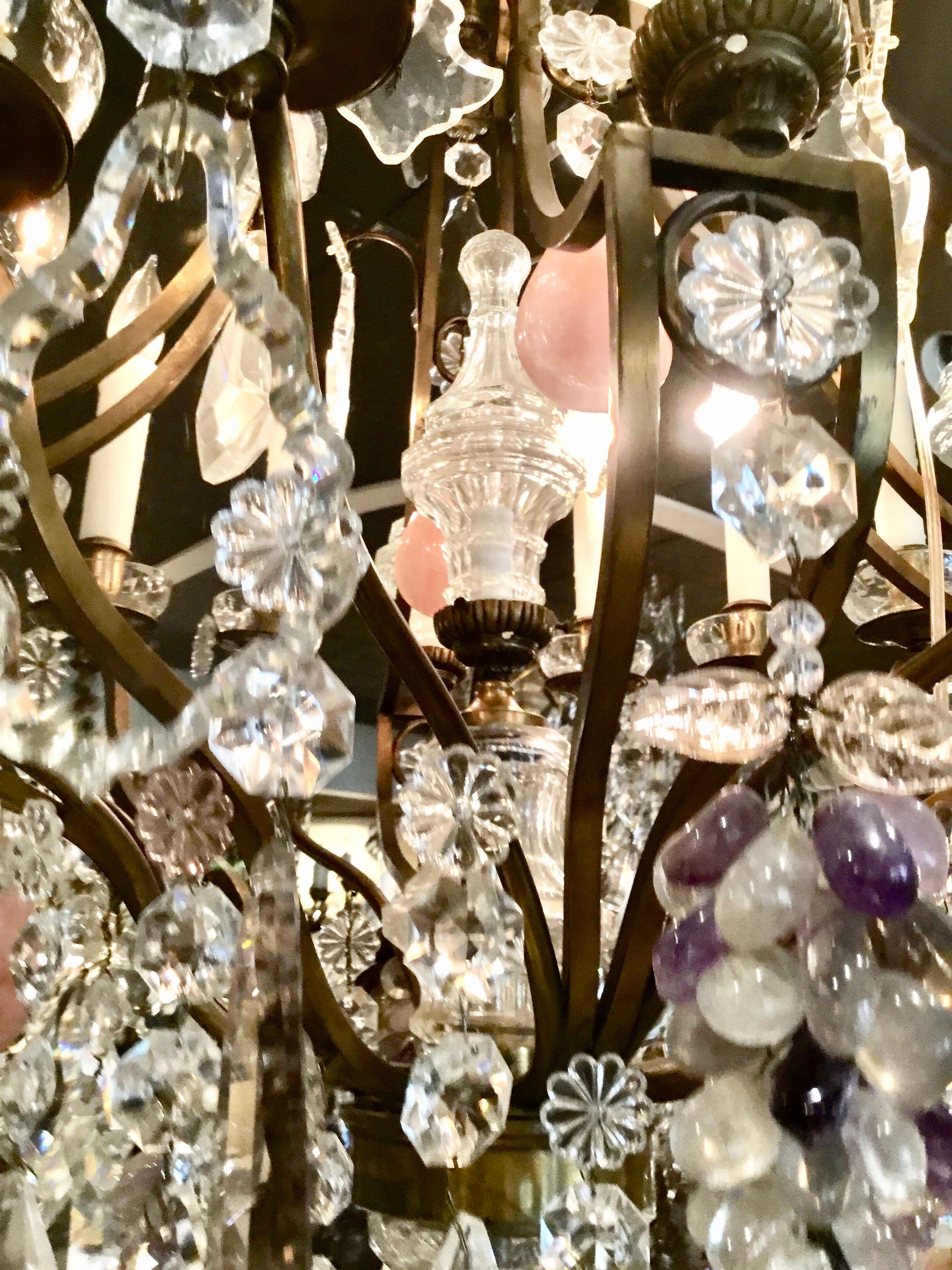 French Bronze Doré Chandelier, 12 Lights with Rock, Clear, Rose Quartz Crystals 3