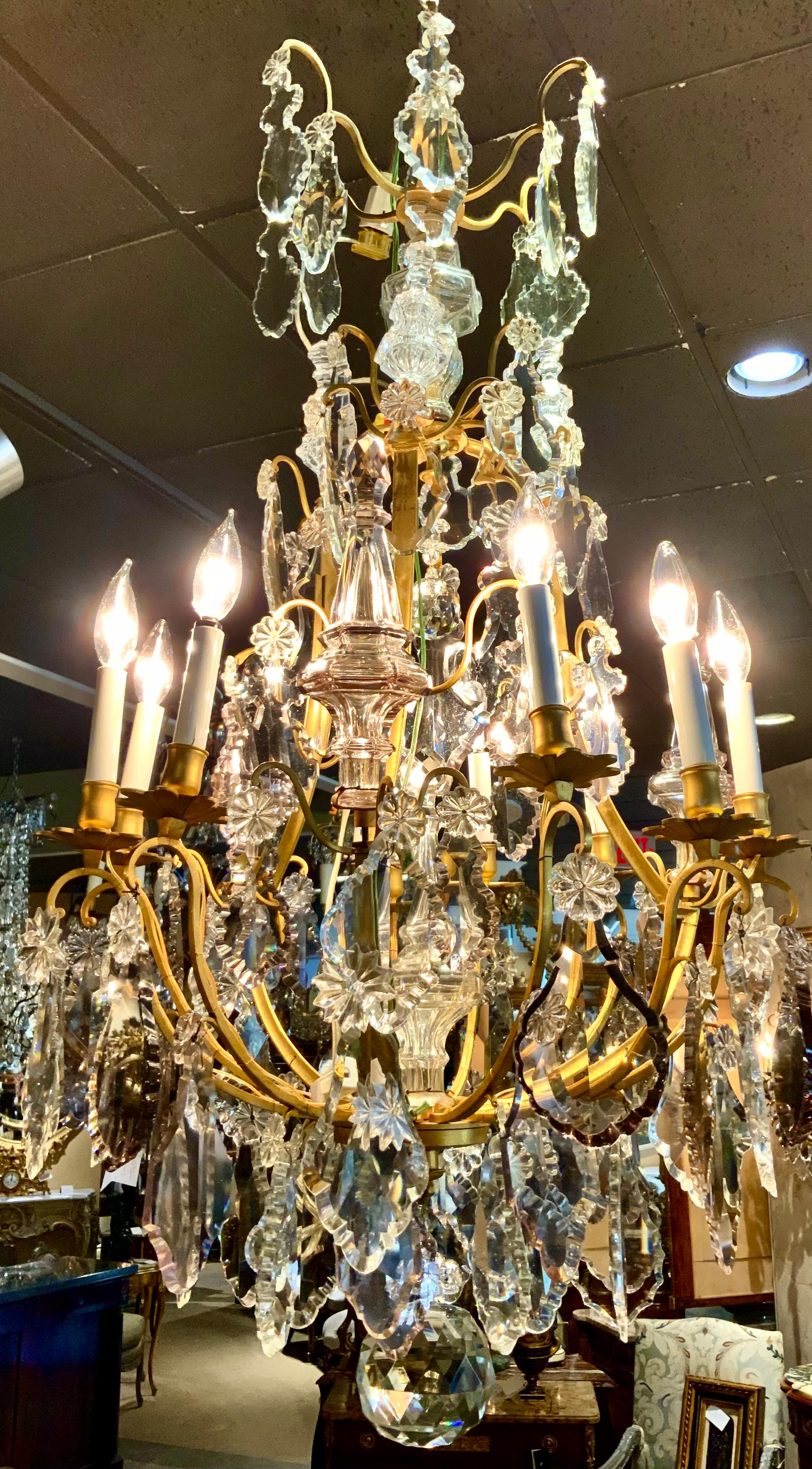 19th Century French Bronze Dore Chandelier with Nine Lights, Clear and Pale Lavender Crystals For Sale