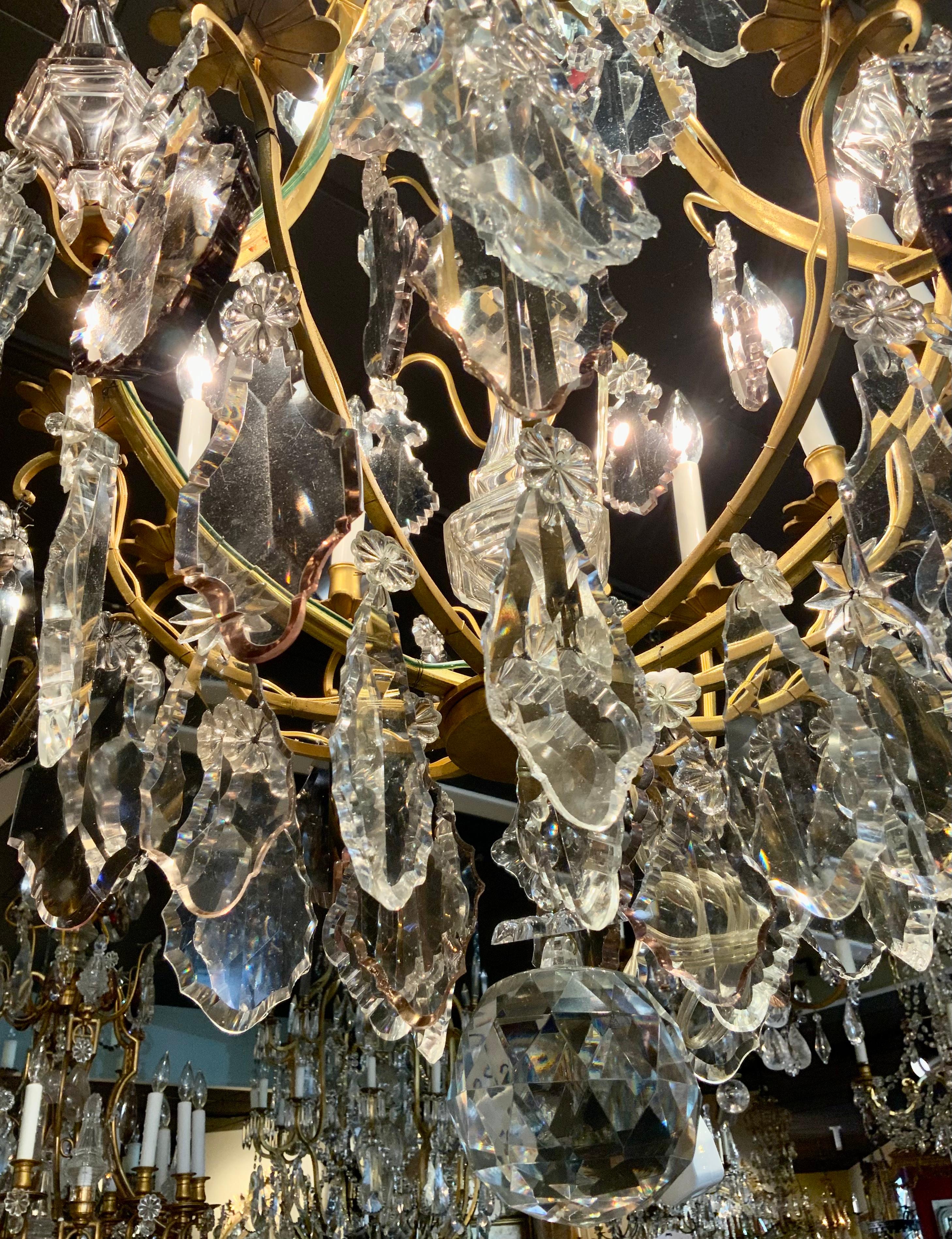 French Bronze Dore Chandelier with Nine Lights, Clear and Pale Lavender Crystals For Sale 1
